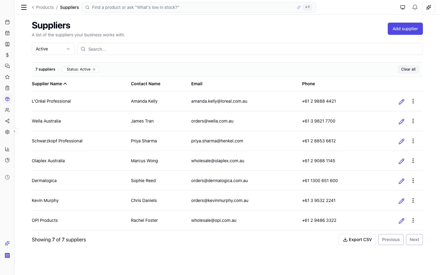 Suppliers list showing supplier name, contact person, email, and phone for each vendor