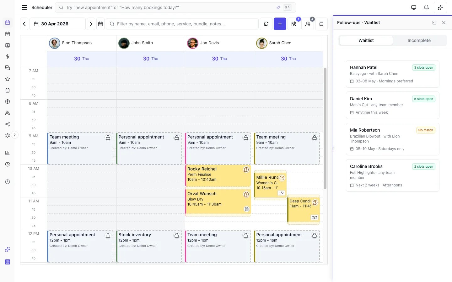 Waitlist panel showing client entries with preferred times and services