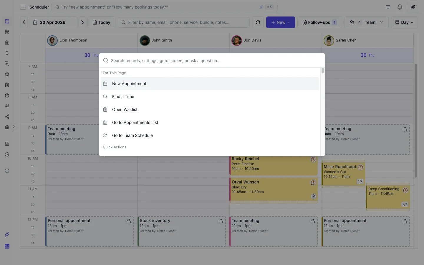 Command palette opened on the scheduler with contextual actions, navigation shortcuts, and Bella AI search