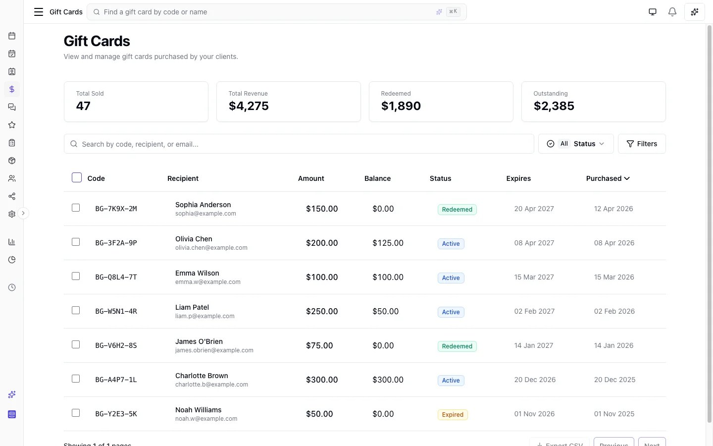 Gift cards list with code, recipient, balance, status badges, and revenue summary