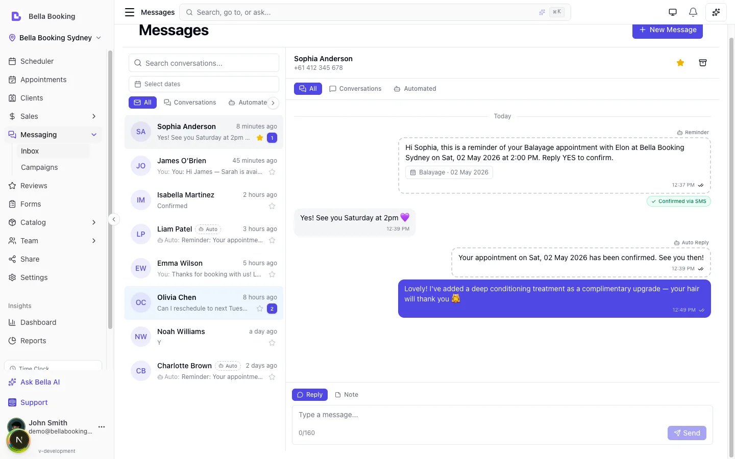 Messages inbox with conversation list, threaded message view, and auto-handled YES confirmation