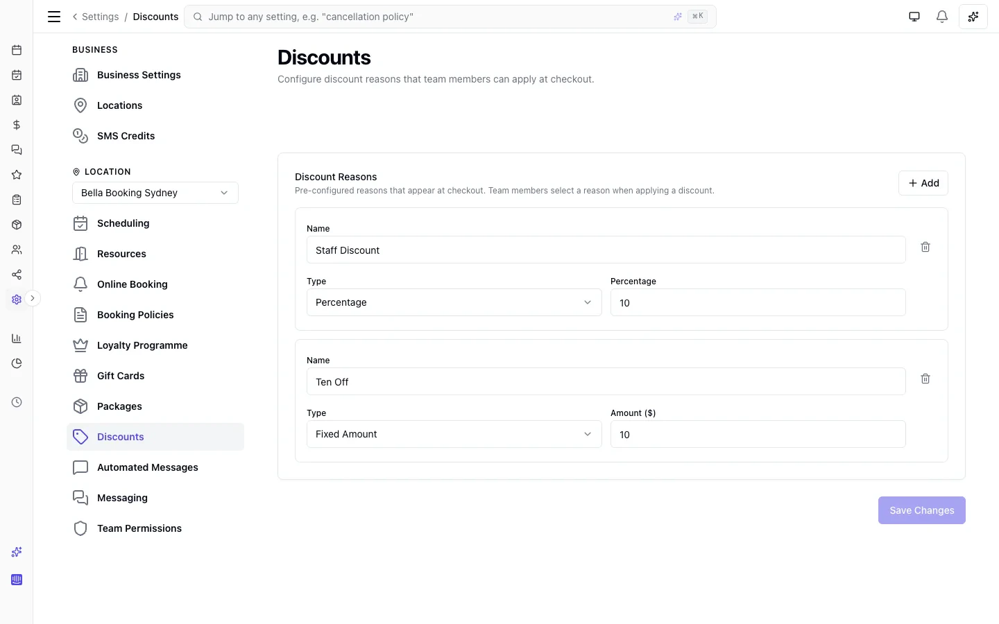 Discount settings showing reusable percentage and fixed-amount discount reasons configurable per location