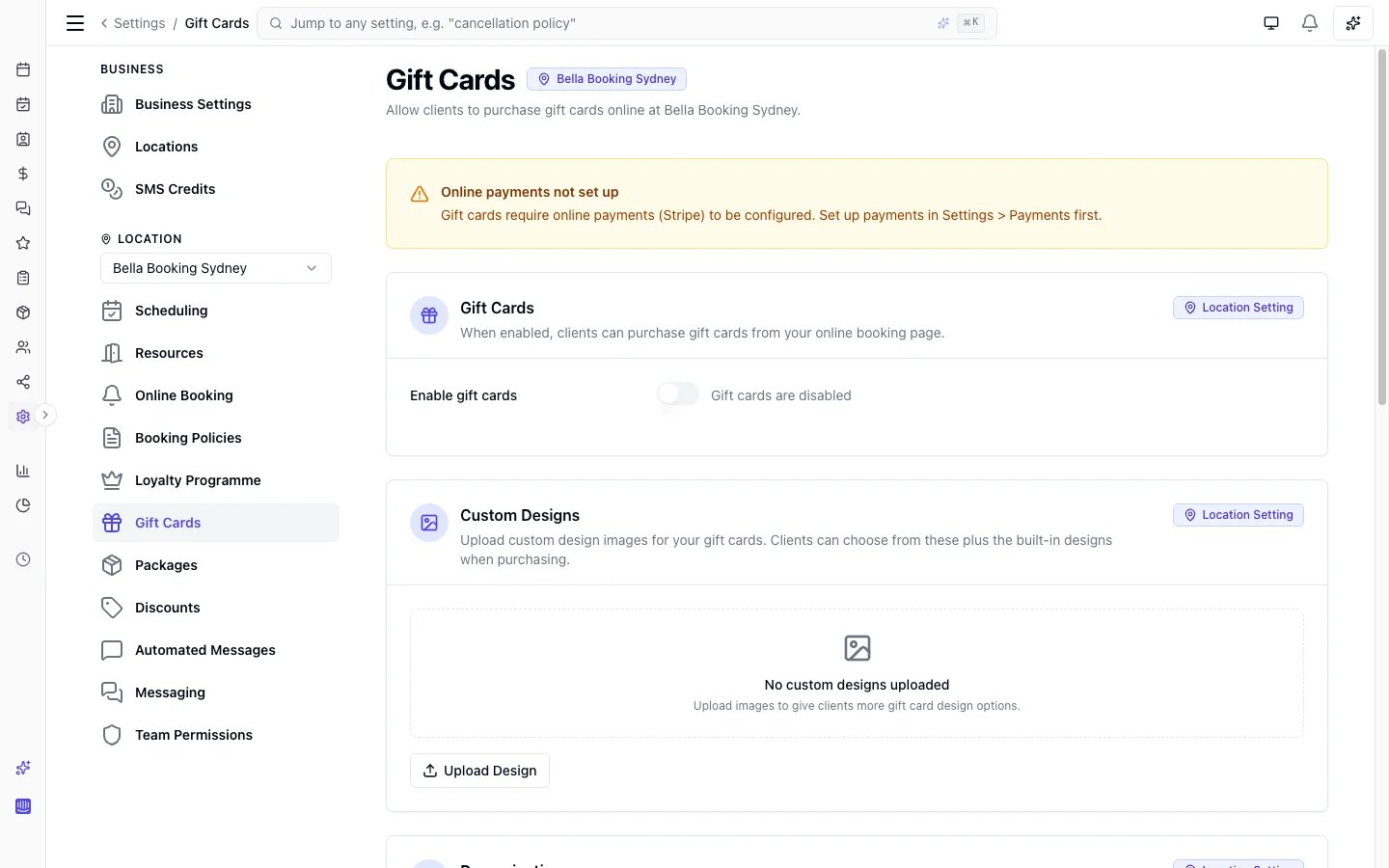 Gift card settings with Active/Paused status row, custom design uploader, and online payments configuration warning
