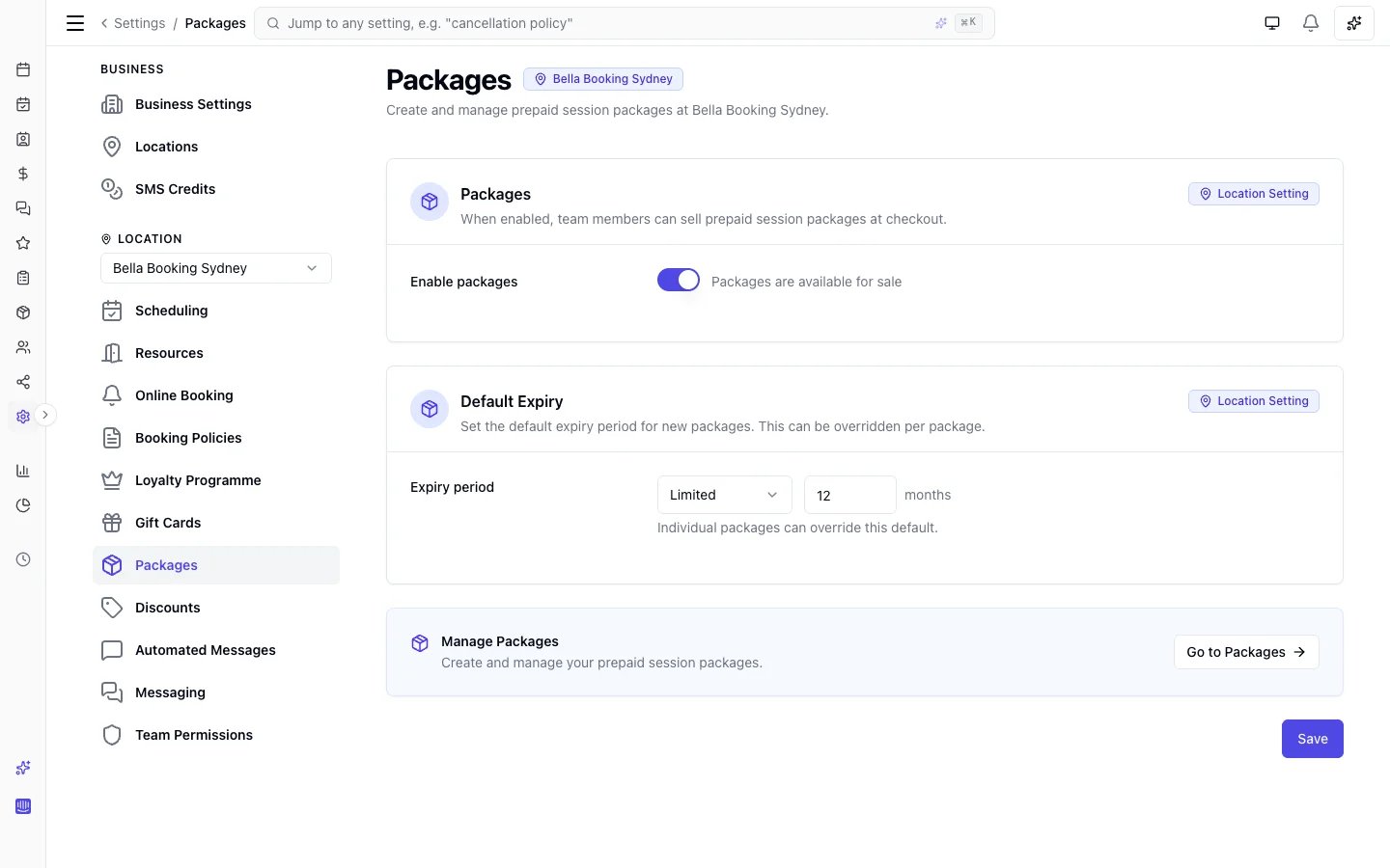 Package settings with enable toggle, default expiry period configuration, and shortcut to manage packages