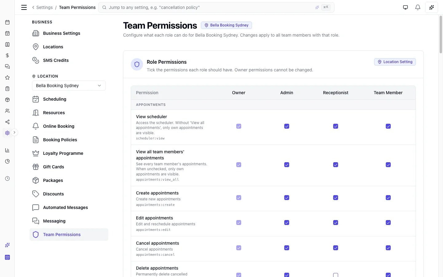 Team permissions matrix with checkboxes for each permission across Owner, Admin, Receptionist, and Team Member roles