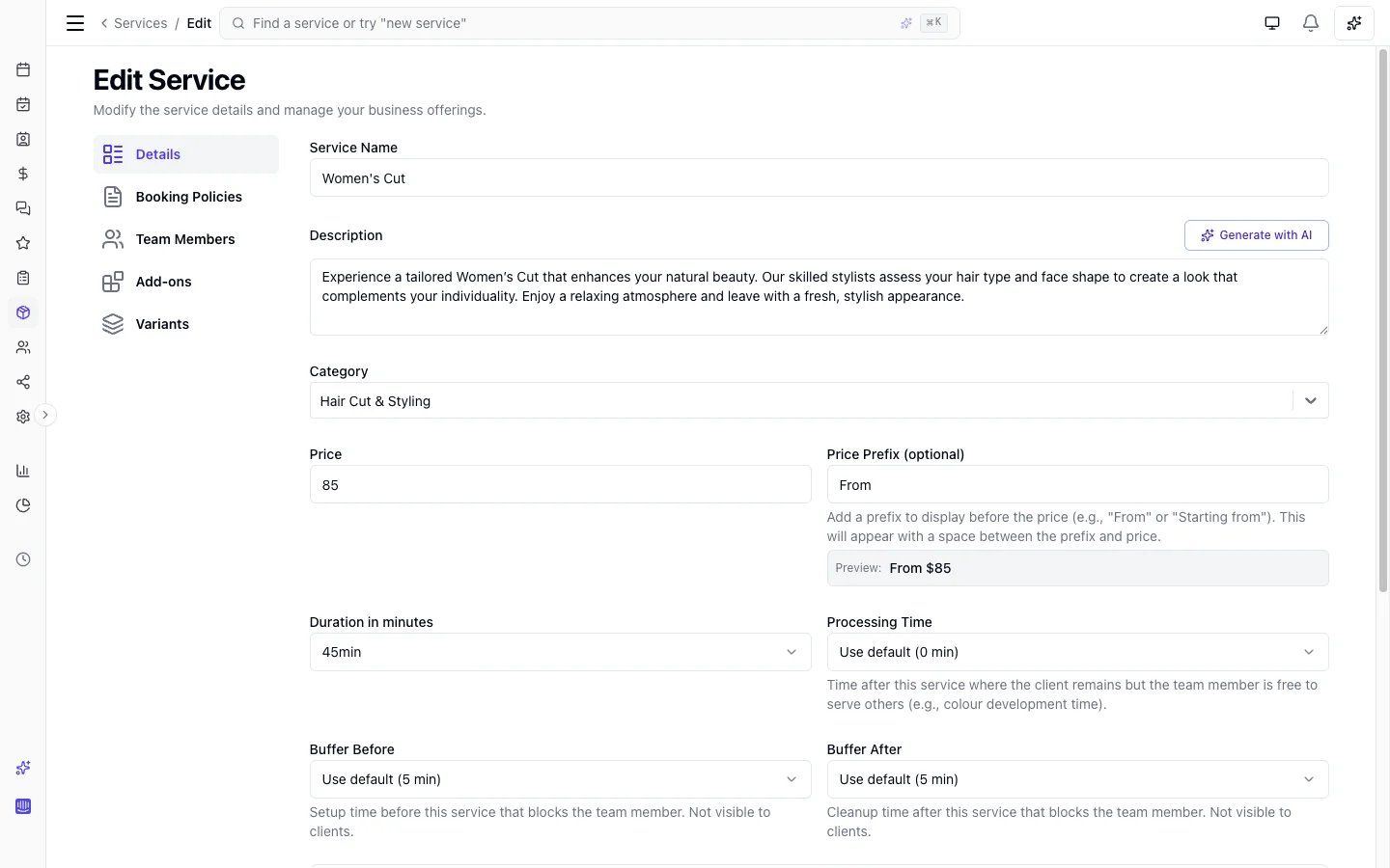 Service form showing Duration, Processing Time, Buffer Before, and Buffer After fields side by side