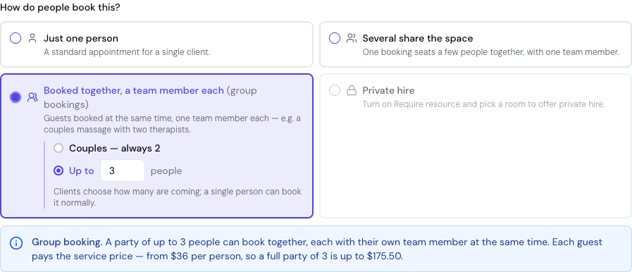 The group booking setup on a service: the 'Booked together, a team member each' option selected, with the one-tap Couples choice and the live preview showing what a full party pays