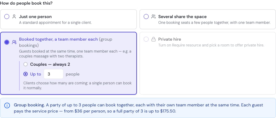 The group booking setup on a service: the 'Booked together, a team member each' option selected, with the one-tap Couples choice and the live preview showing what a full party pays