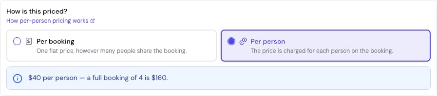 The 'How is this priced?' chooser on a shared-space service, with Per booking and Per person cards and a live preview of the per-person total
