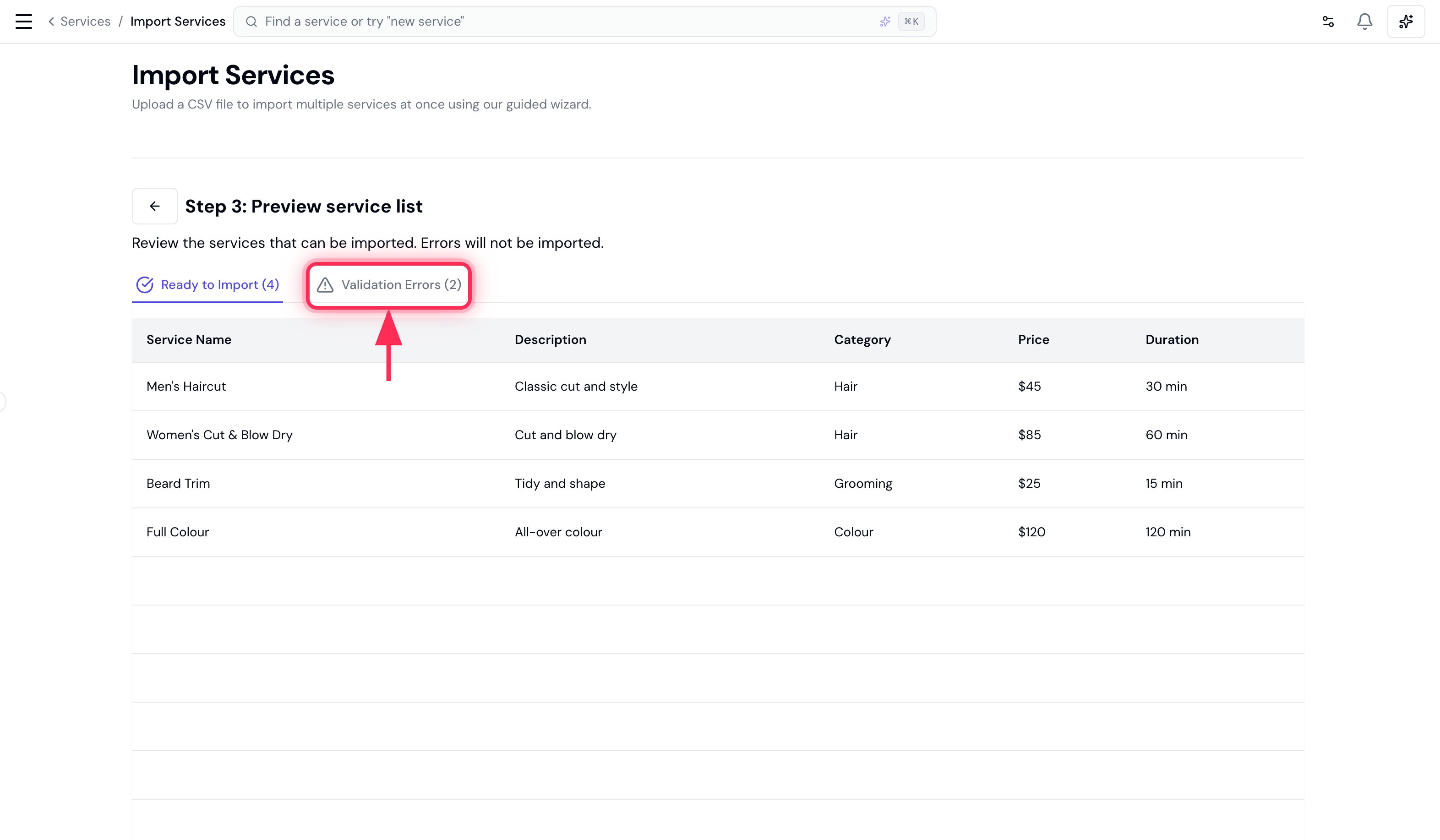 Service preview showing the Ready to Import and Validation Errors tabs