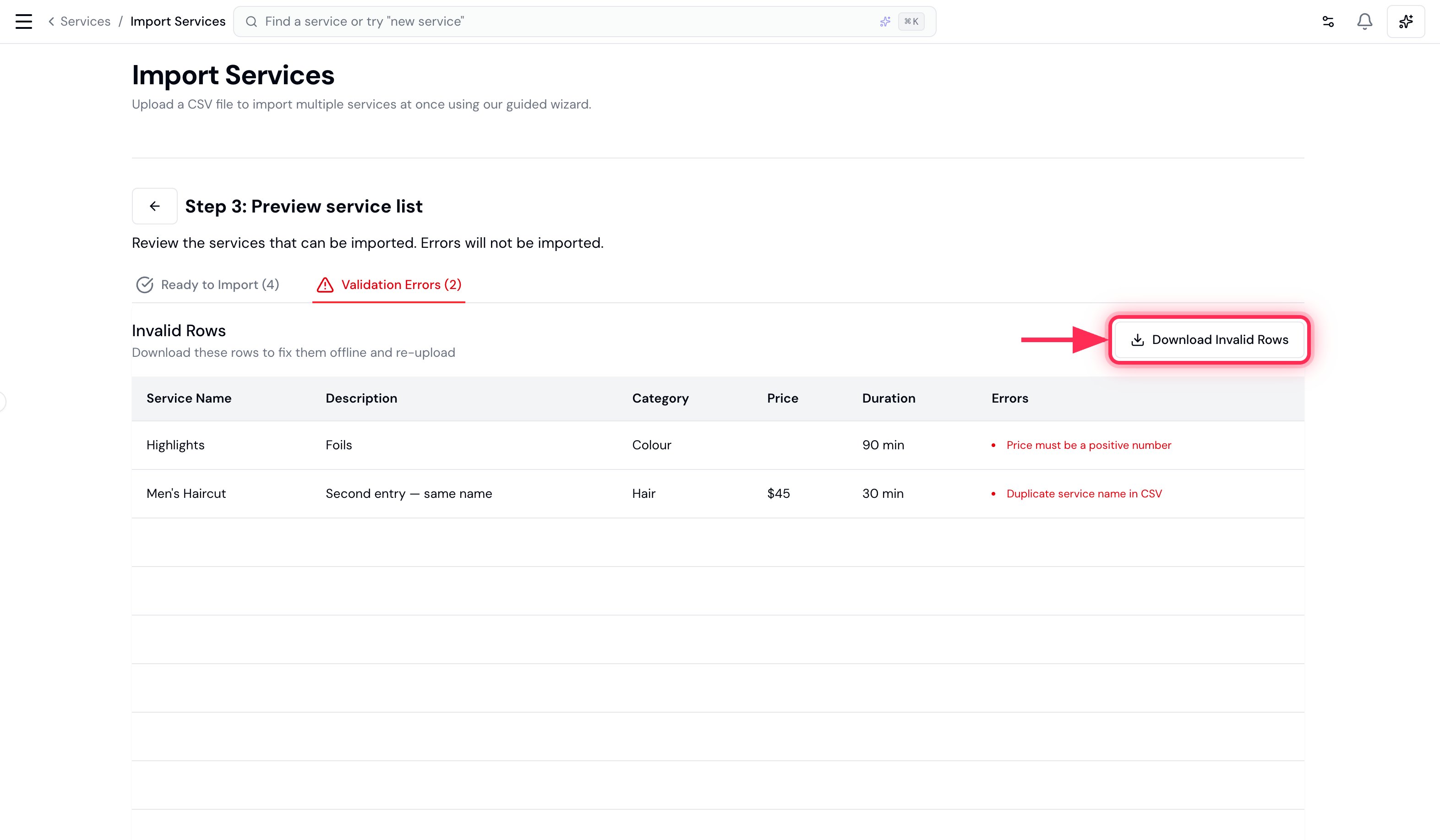 The Validation Errors tab listing a row with a missing price and a duplicate service name, with Download Invalid Rows highlighted