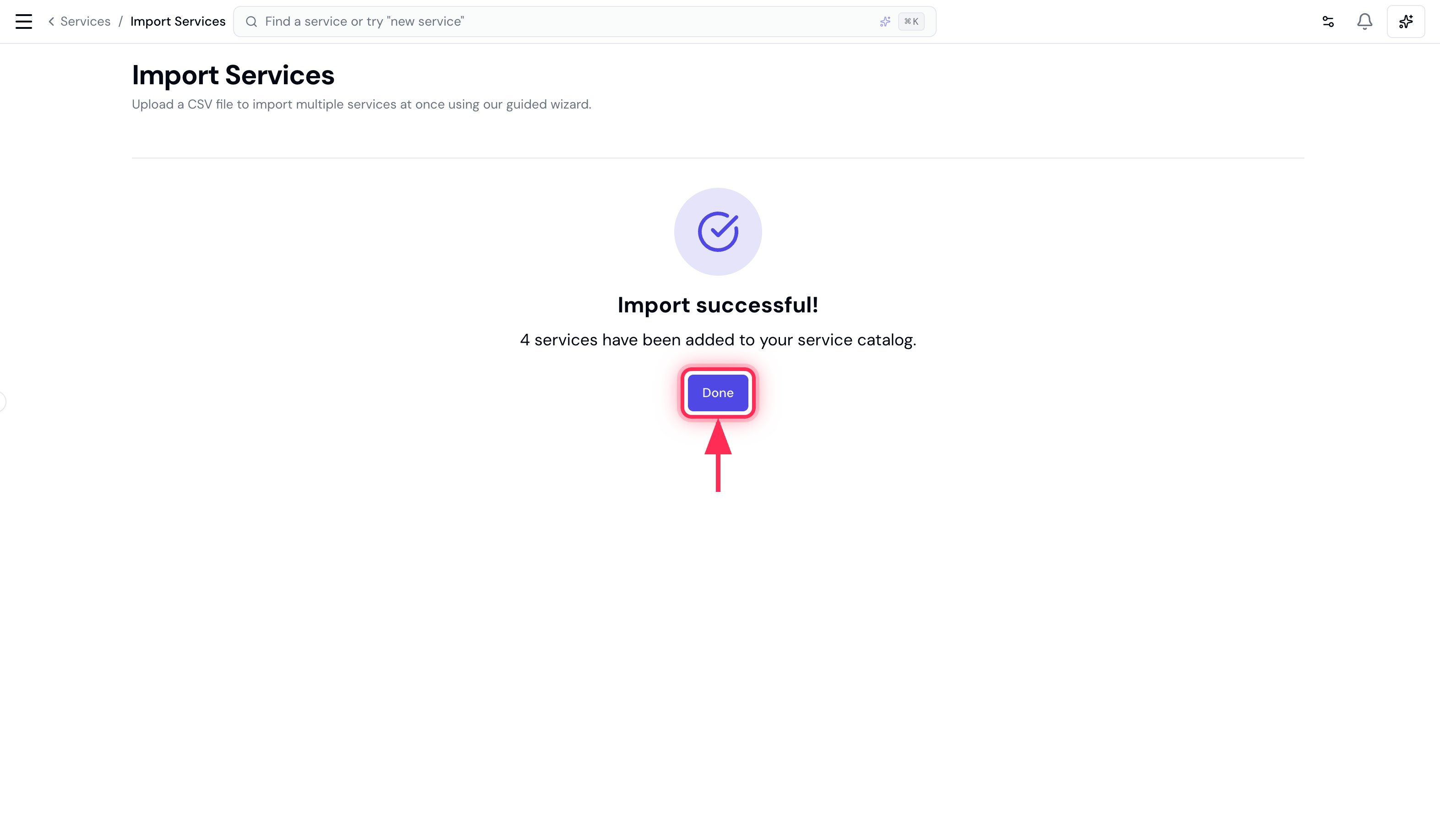 The Import successful screen confirming the services were added