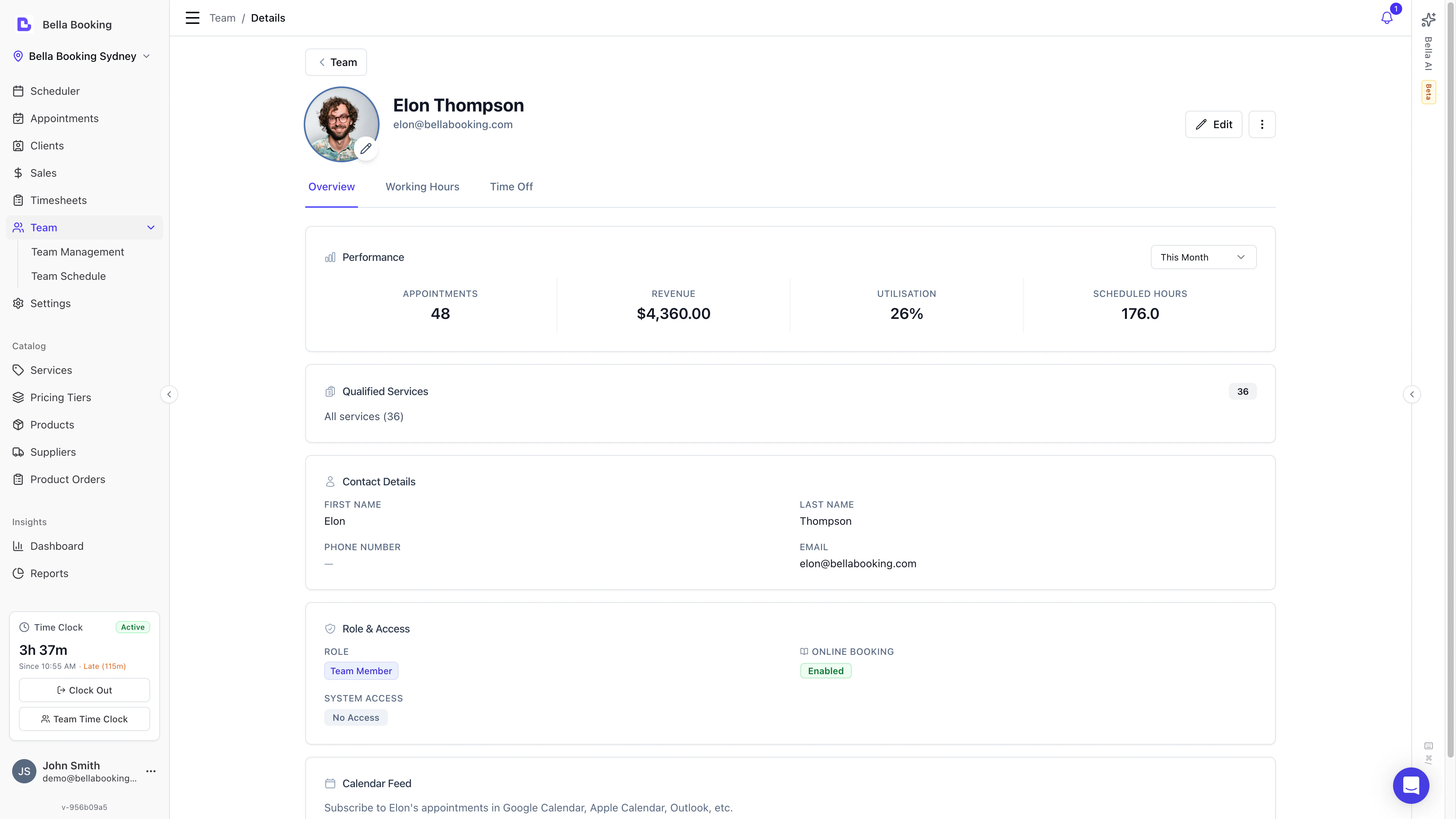 Team member detail page showing profile, working hours, and settings tabs