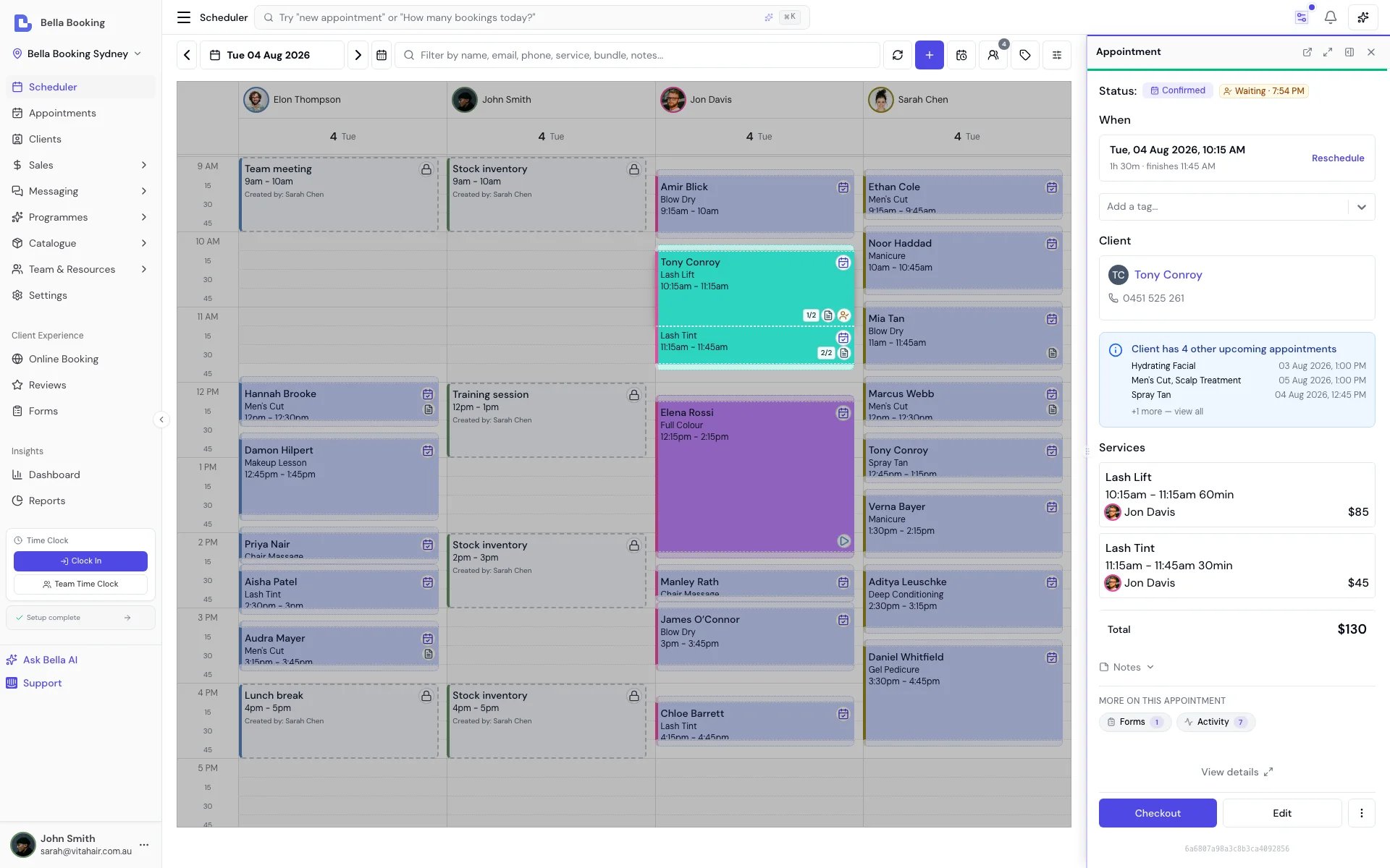 Appointment details side panel showing client info, services, and action buttons