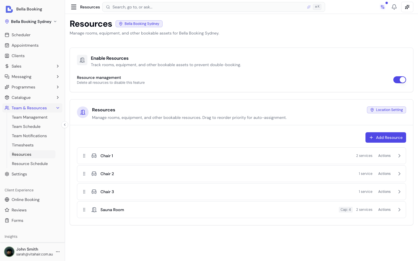 Resources settings page showing the enable toggle and list of resources with drag-to-reorder handles