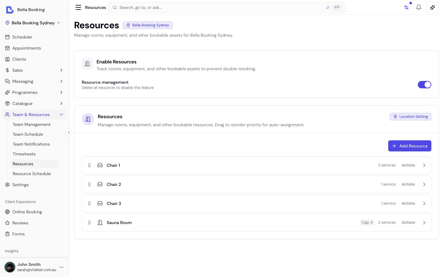 Resources settings page showing the enable toggle and list of resources with drag-to-reorder handles