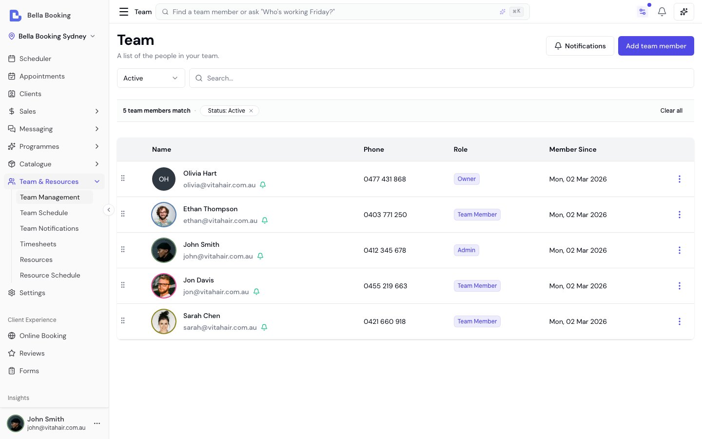 Team members list showing names, avatars with scheduler colours, contact details, and member since dates