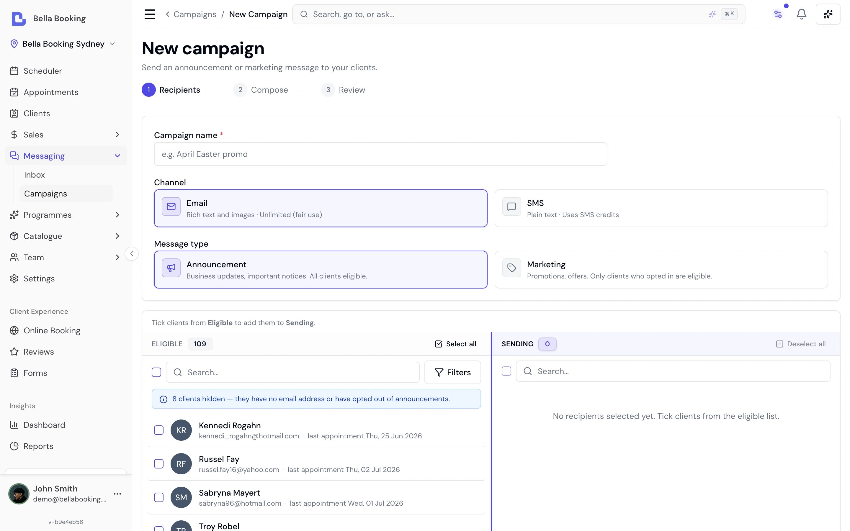 Creating a new campaign — choosing Email as the channel and building the recipient audience from eligible clients