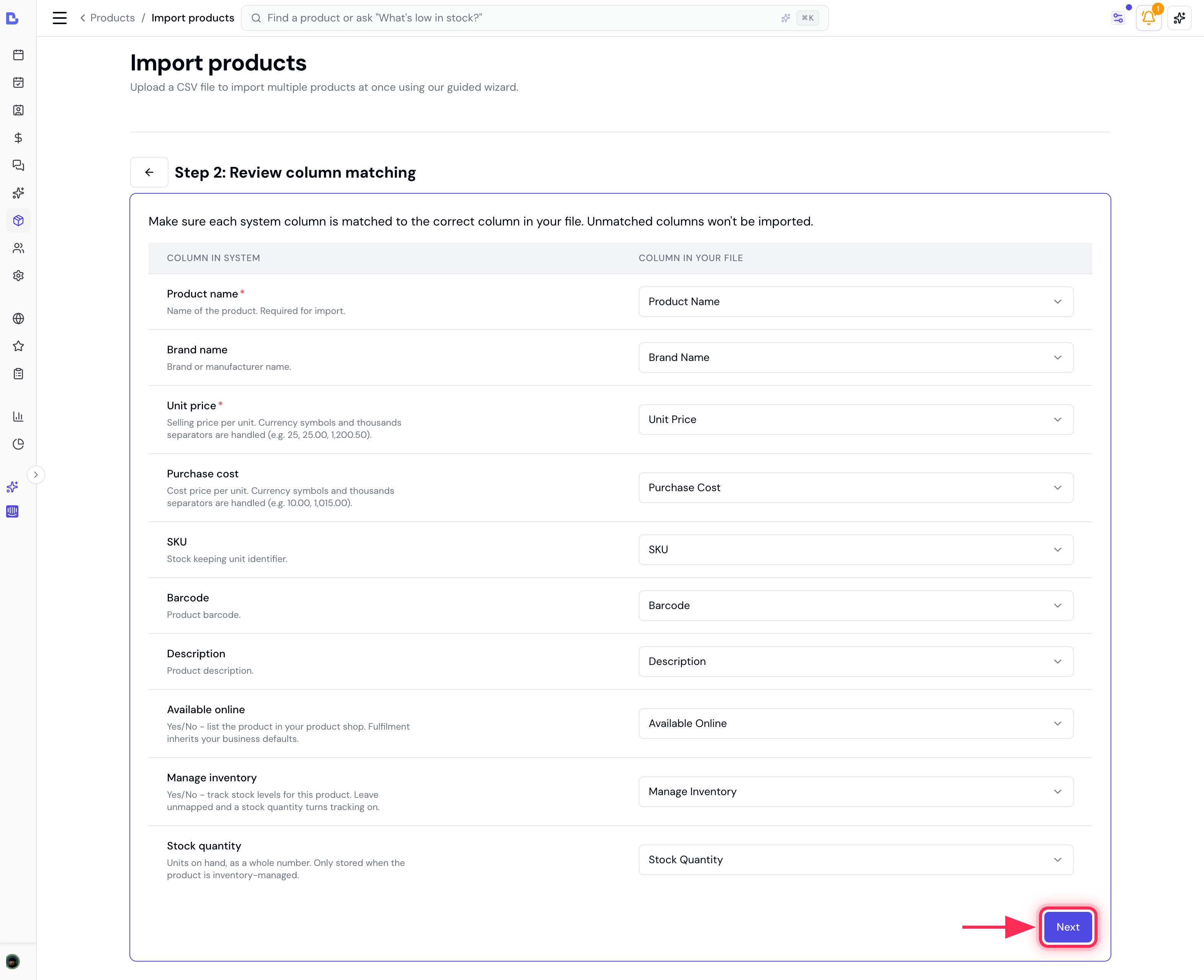 Product column matching with every field auto-matched and the Next button highlighted