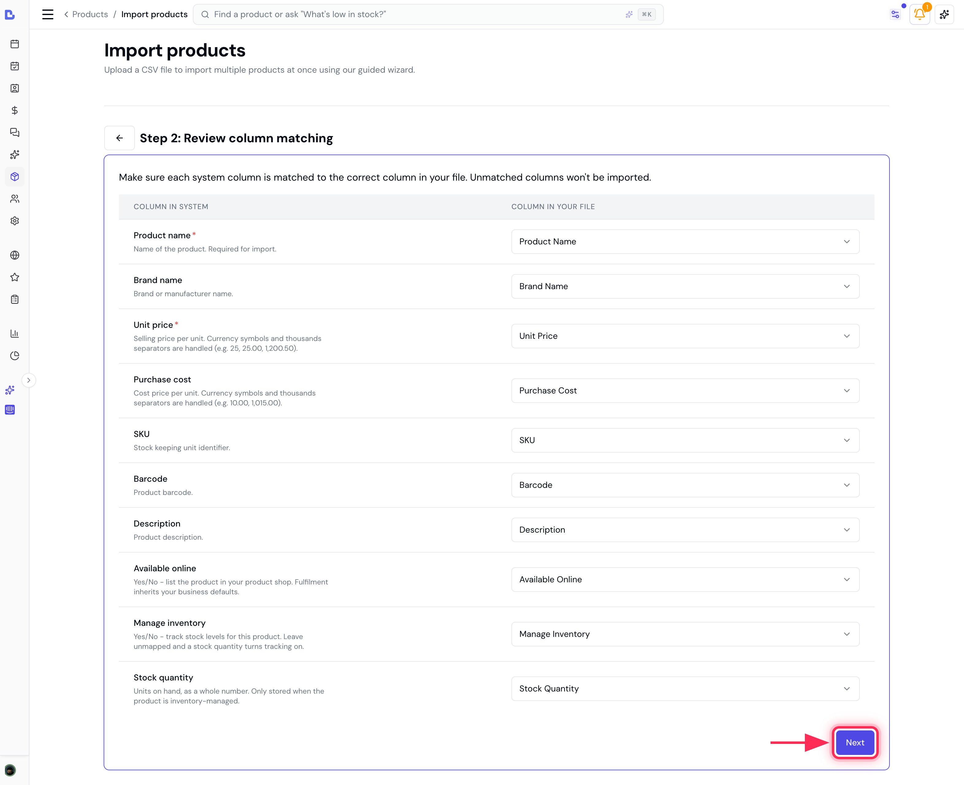 Product column matching with every field auto-matched and the Next button highlighted