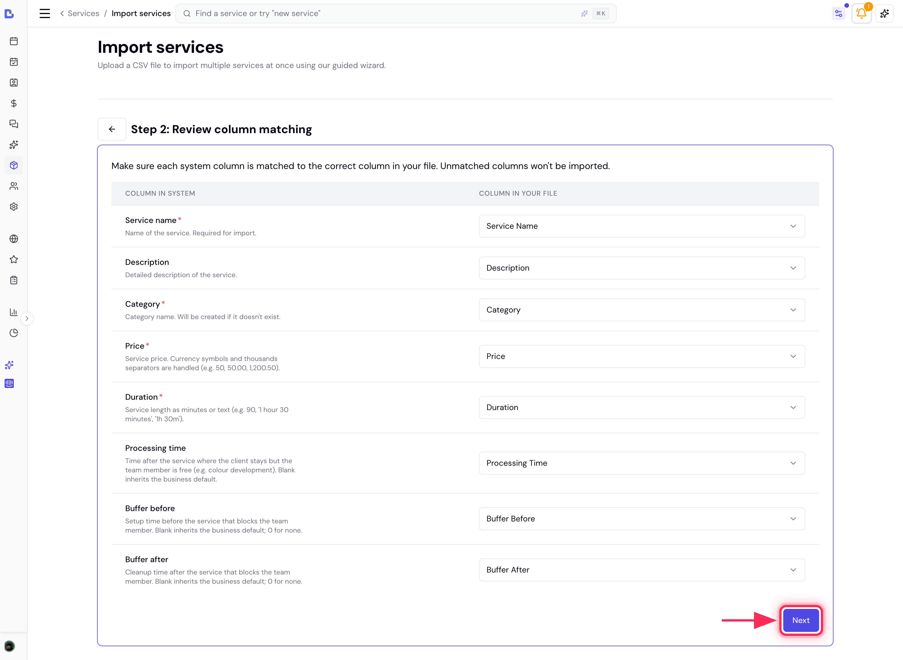 Service column matching with every field auto-matched and the Next button highlighted