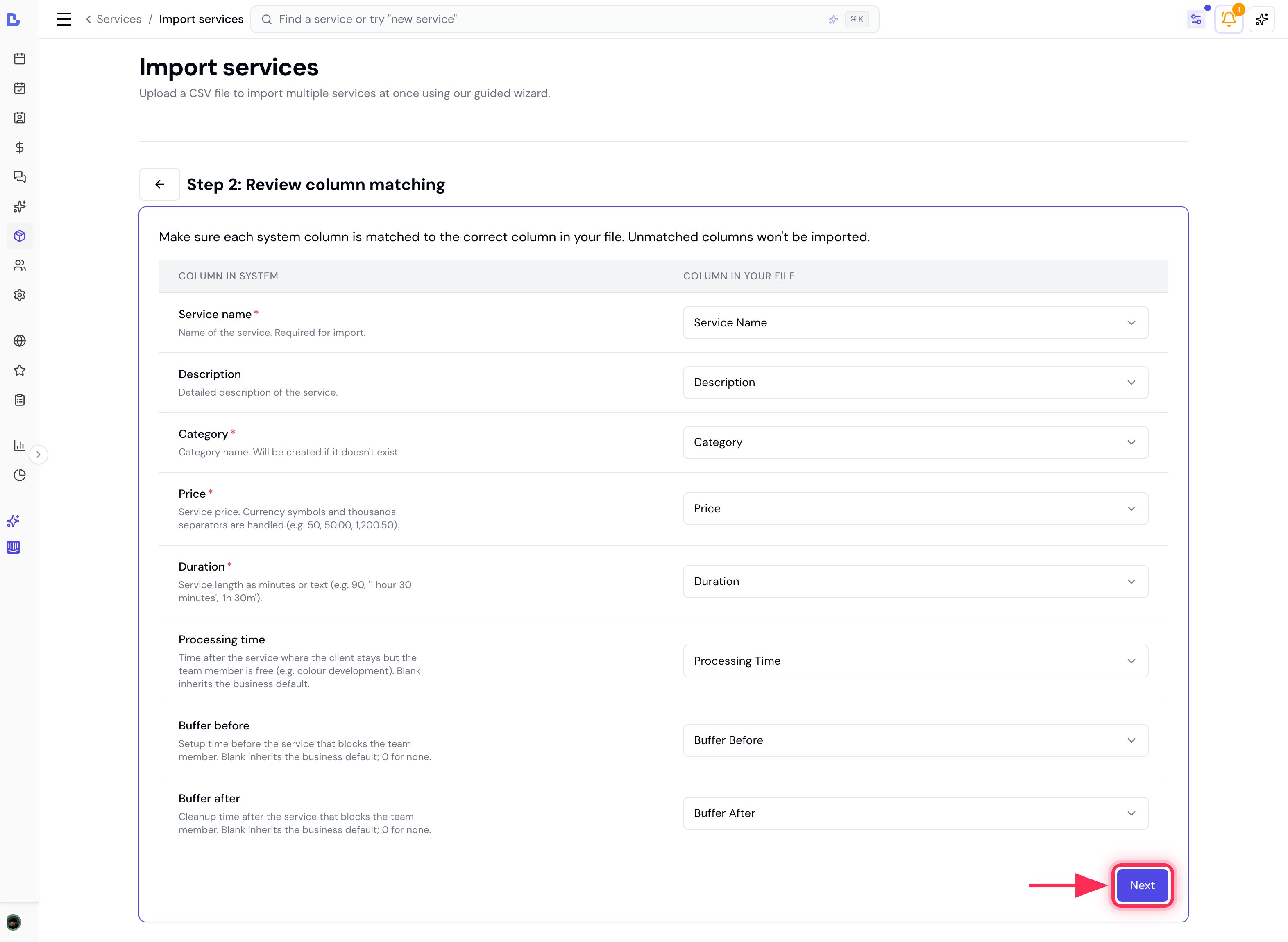 Service column matching with every field auto-matched and the Next button highlighted