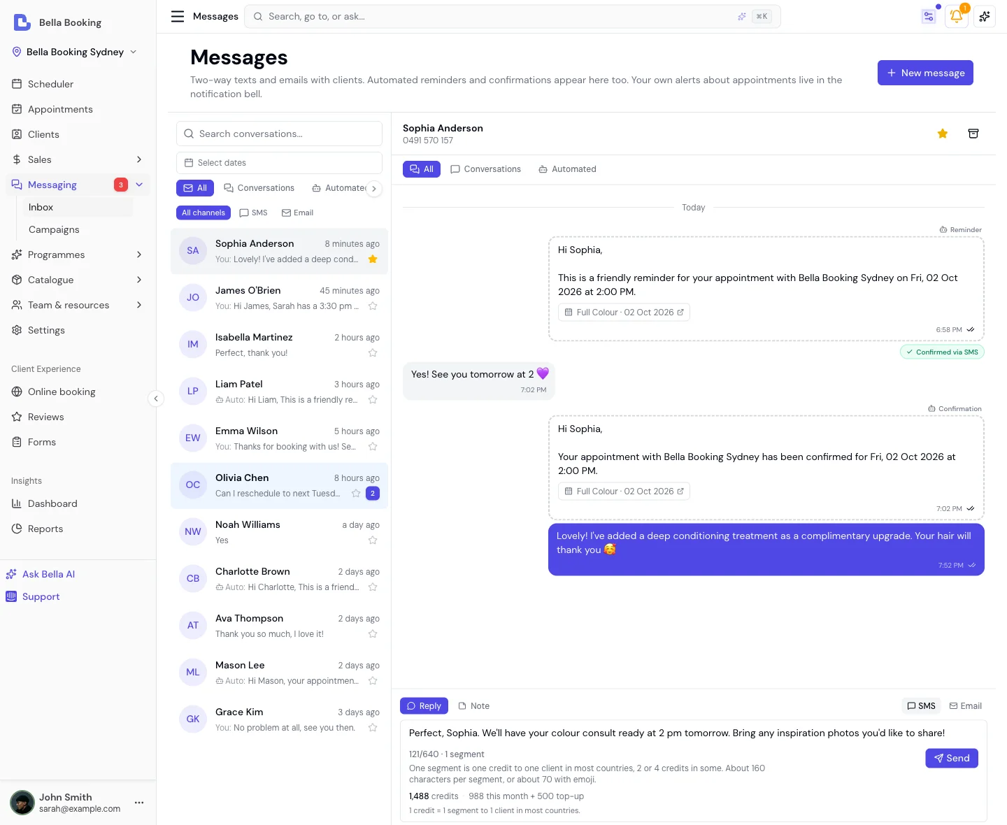 Messages inbox with conversation list, threaded message view, and auto-handled YES confirmation