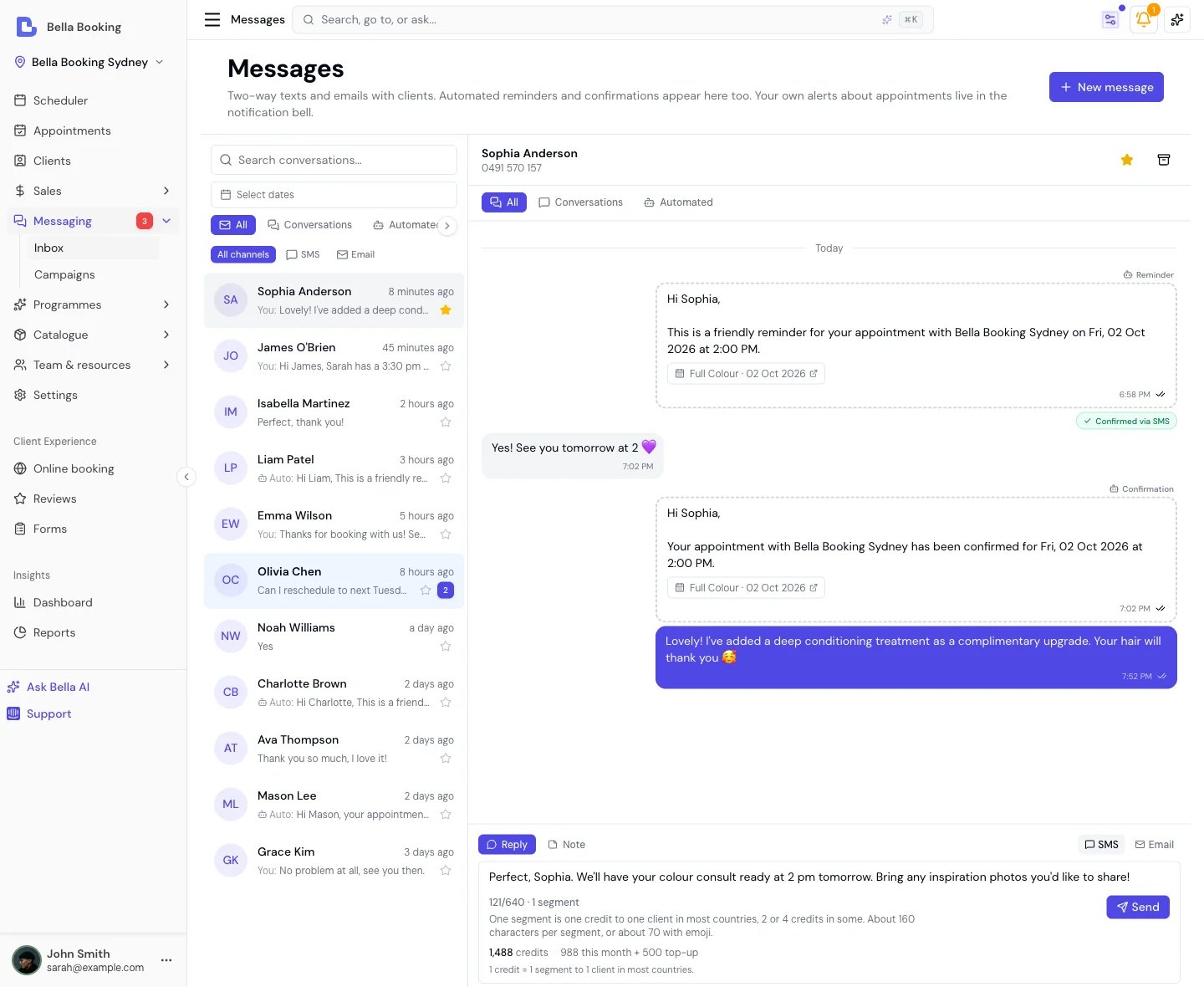 Messages inbox with conversation list, threaded message view, and auto-handled YES confirmation