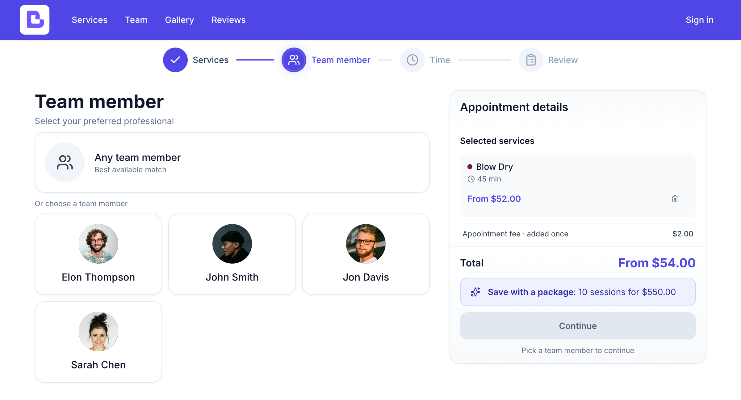 Online booking team-member step showing an 'Any team member - Best available match' option next to individual team members