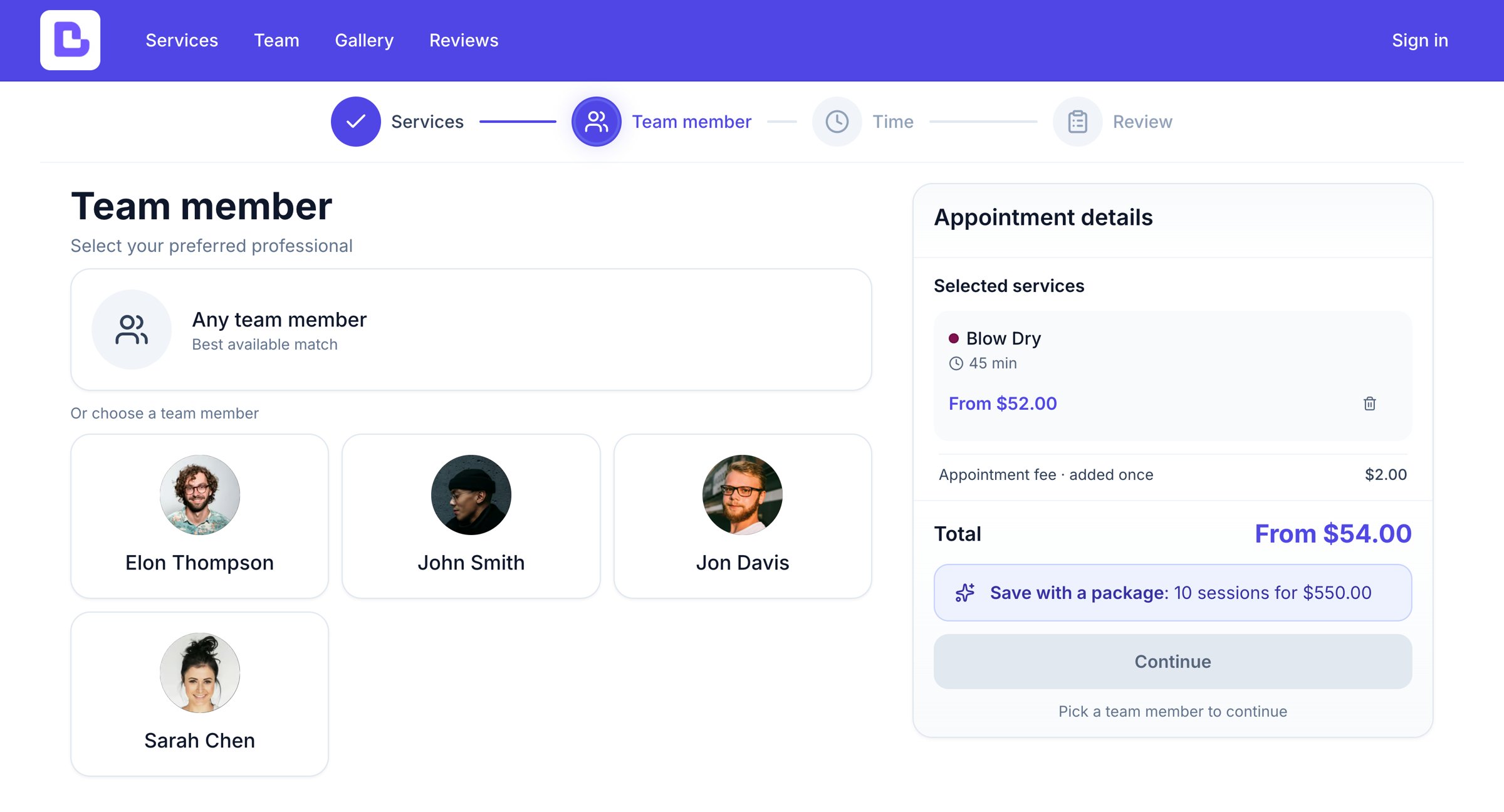 Online booking team-member step showing an 'Any team member - Best available match' option next to individual team members