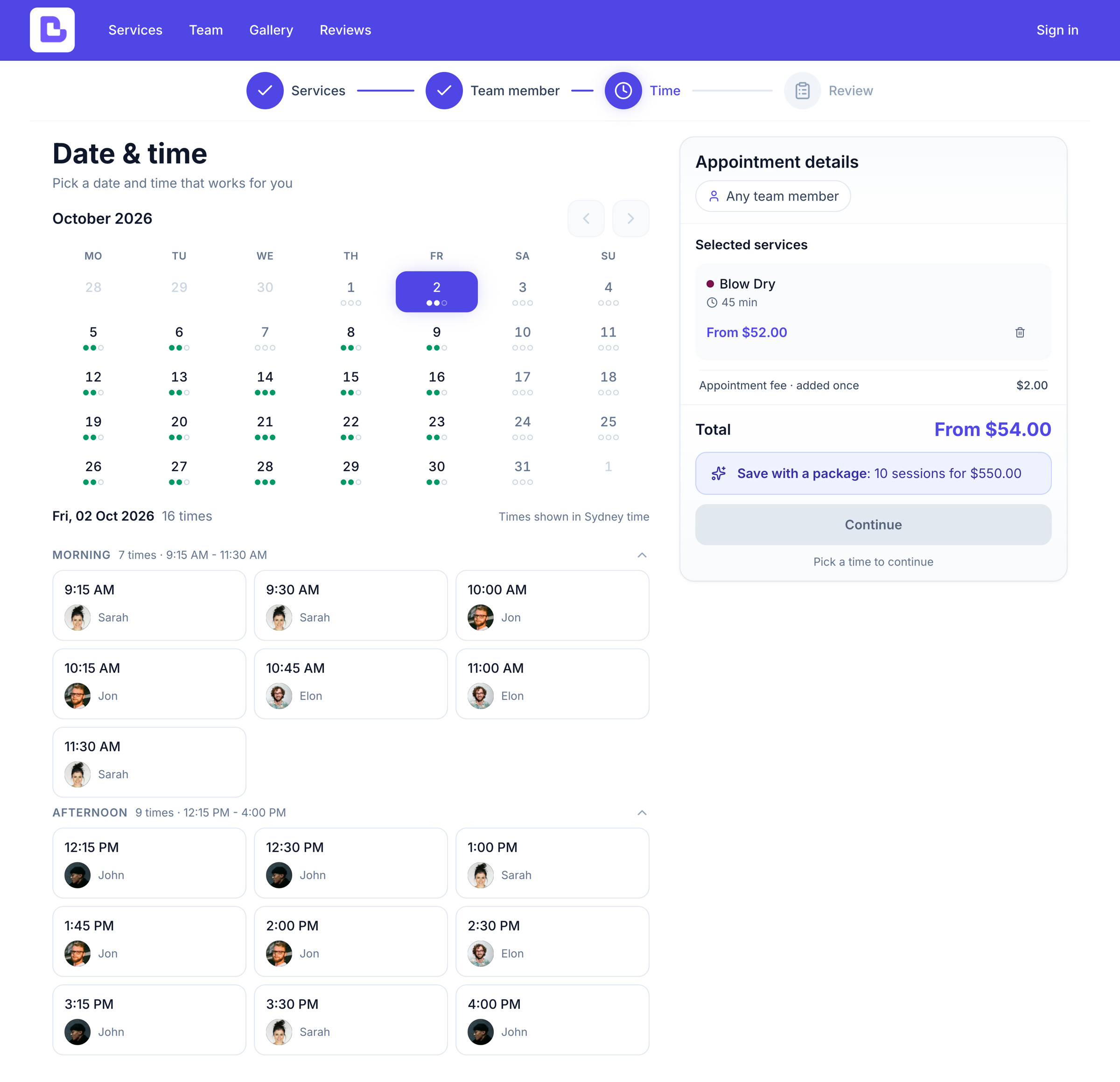 Online booking time step showing each available time with the team member that booking would be with