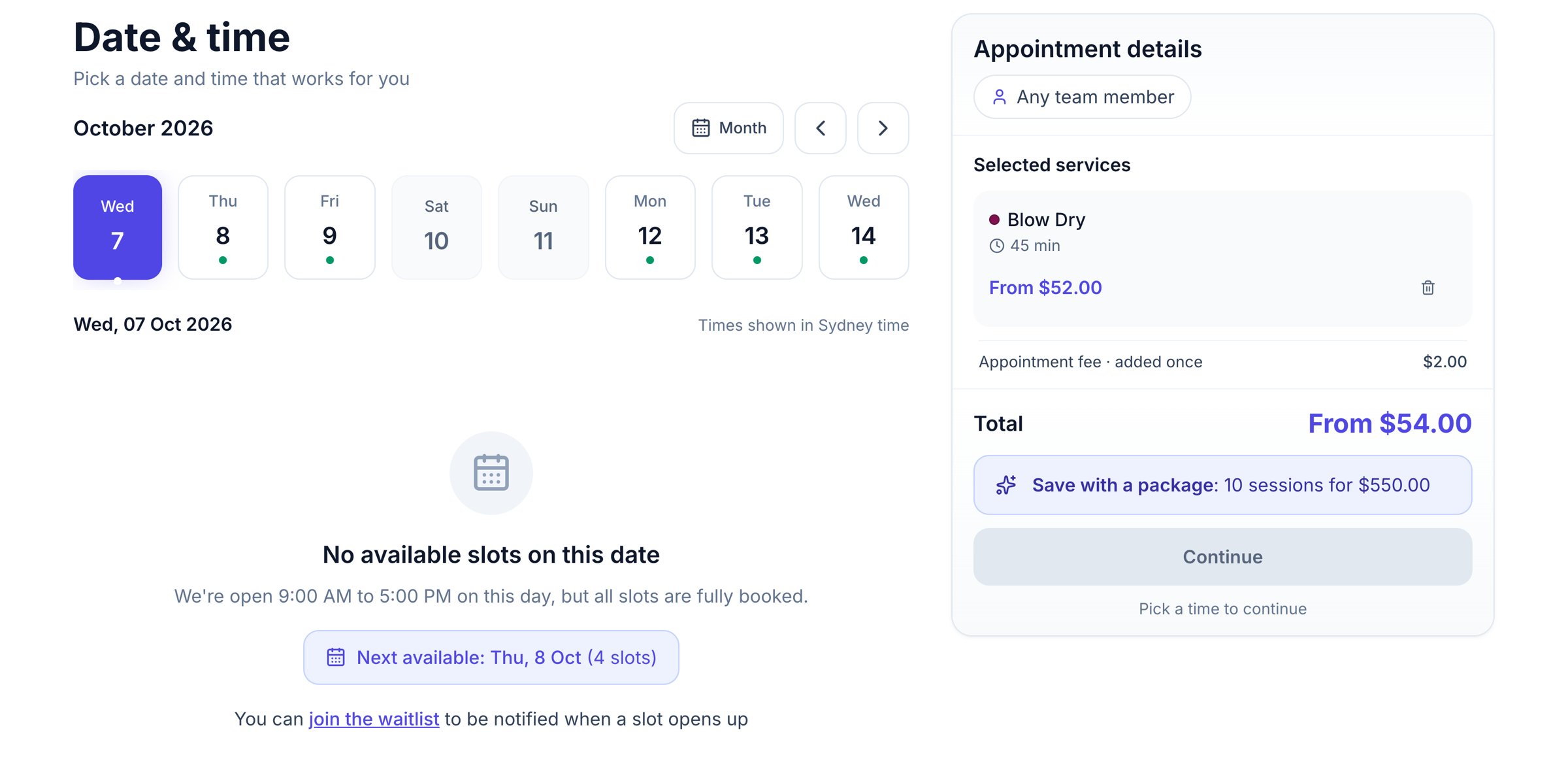 Online booking time step on a fully booked date, showing 'No available slots on this date', a 'Next available' shortcut, and a 'join the waitlist' link