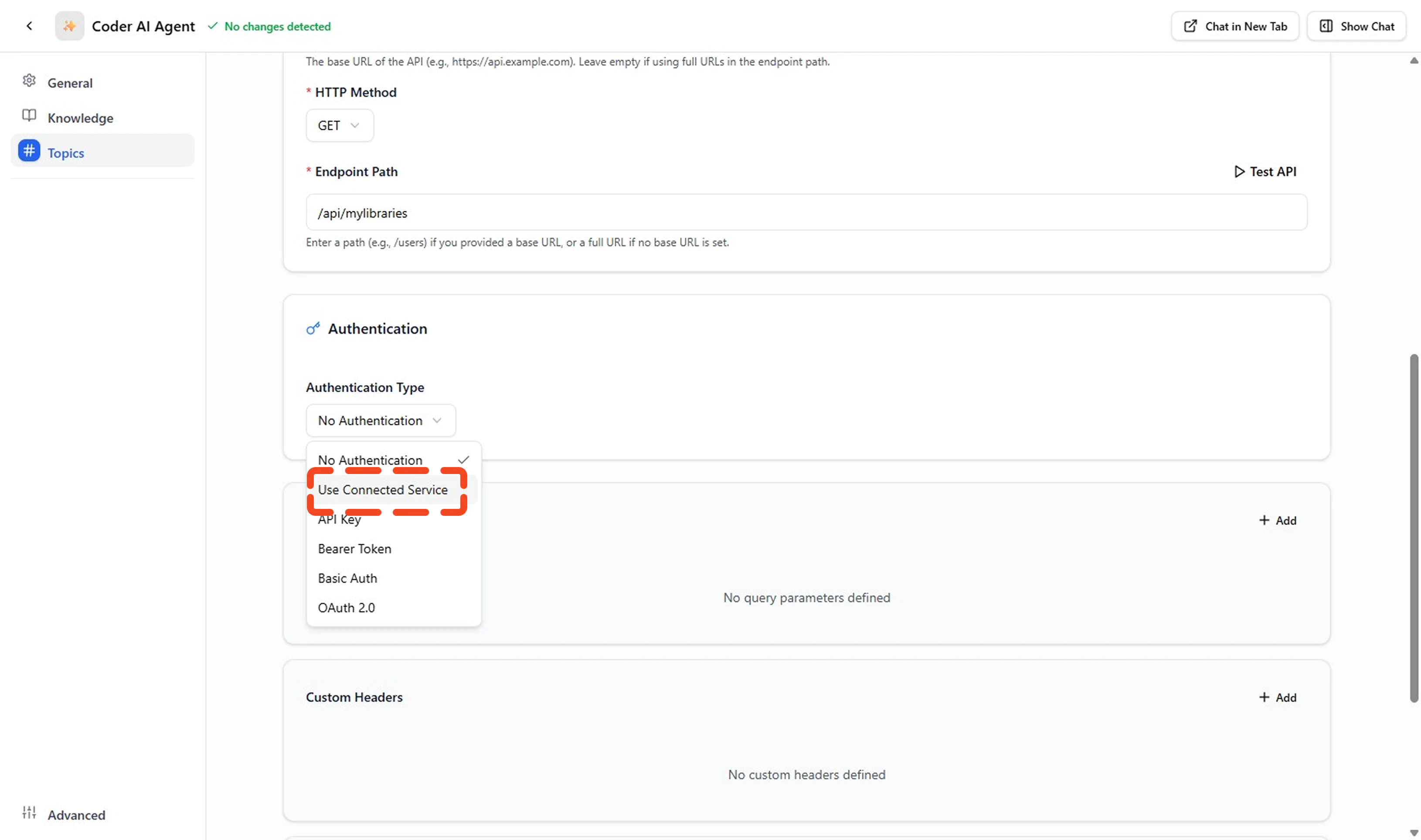In Auth Section Select Use Connected Service