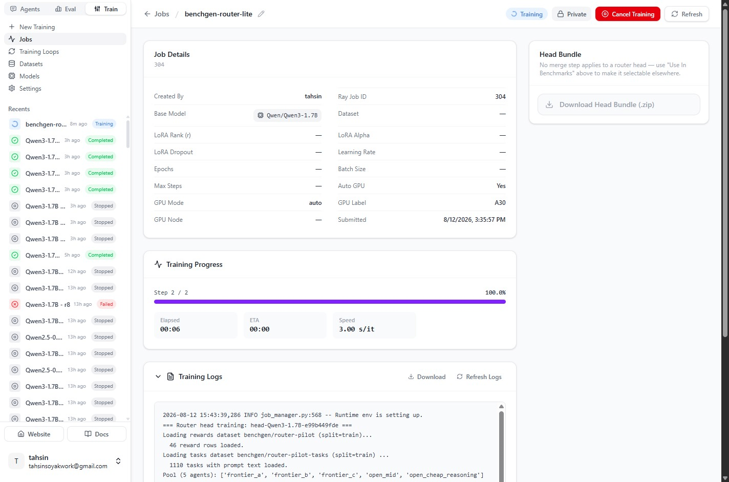 Training logs showing the reward dataset, tasks dataset, and five-agent pool loading