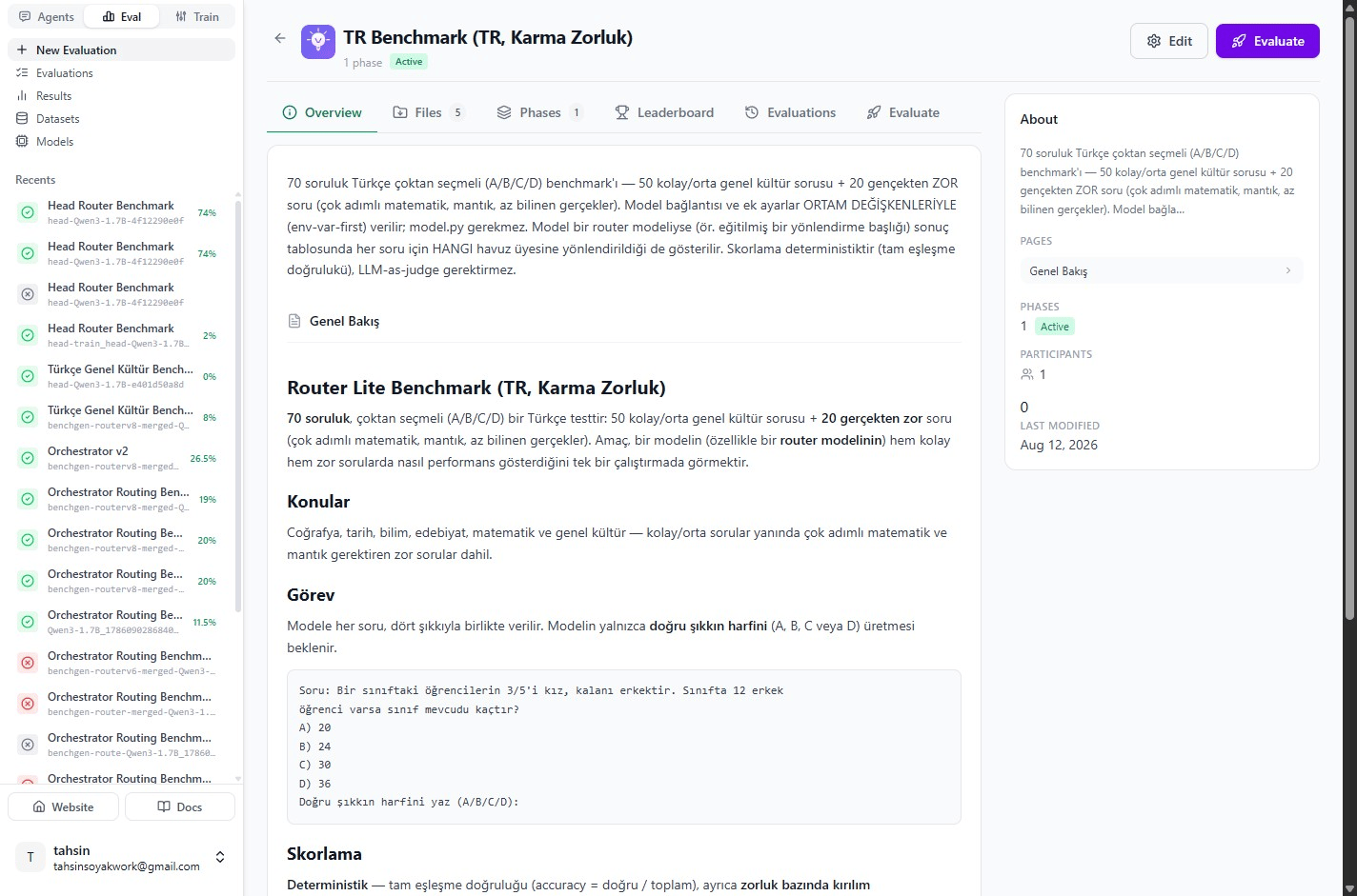 The TR Benchmark overview page describing the 70-question Turkish benchmark and its scoring rules