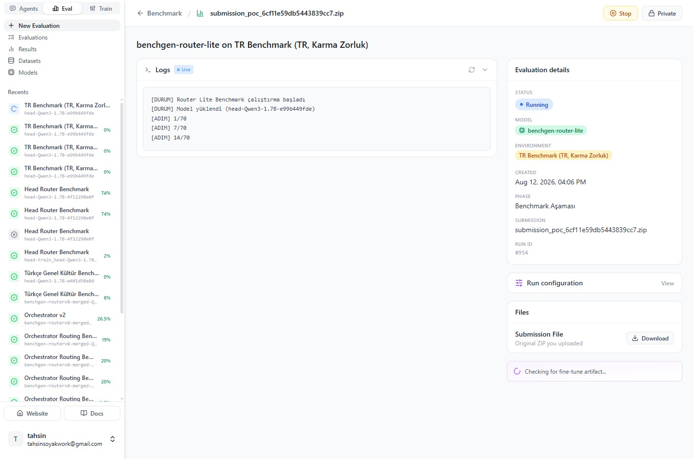 The evaluation running live, streaming step-by-step progress through the 70 questions