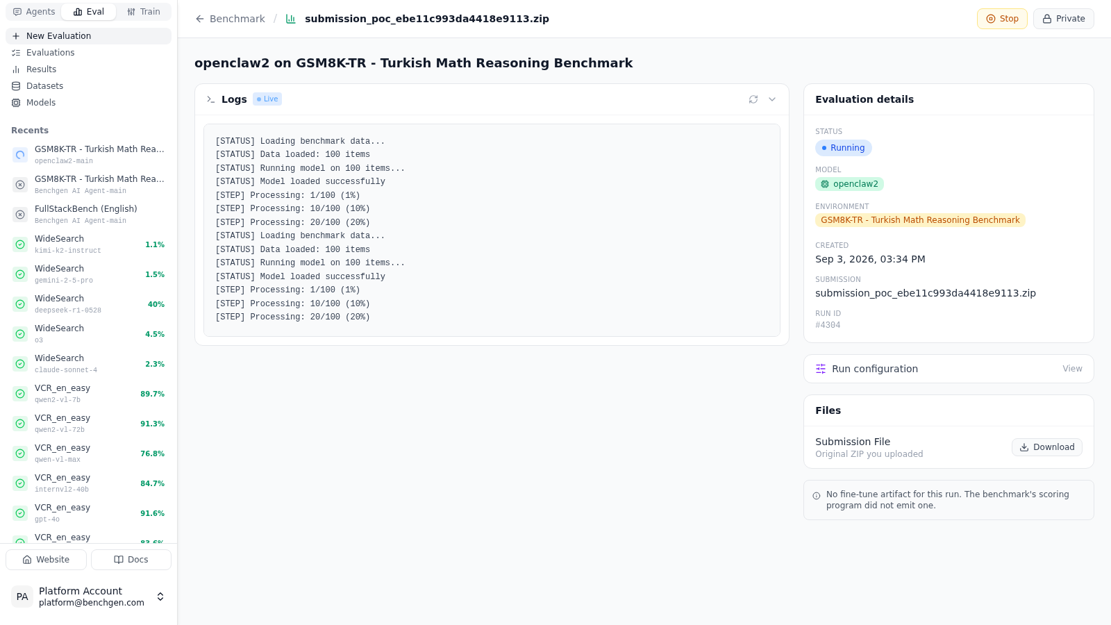 An agent benchmark run with live logs and the evaluation details panel