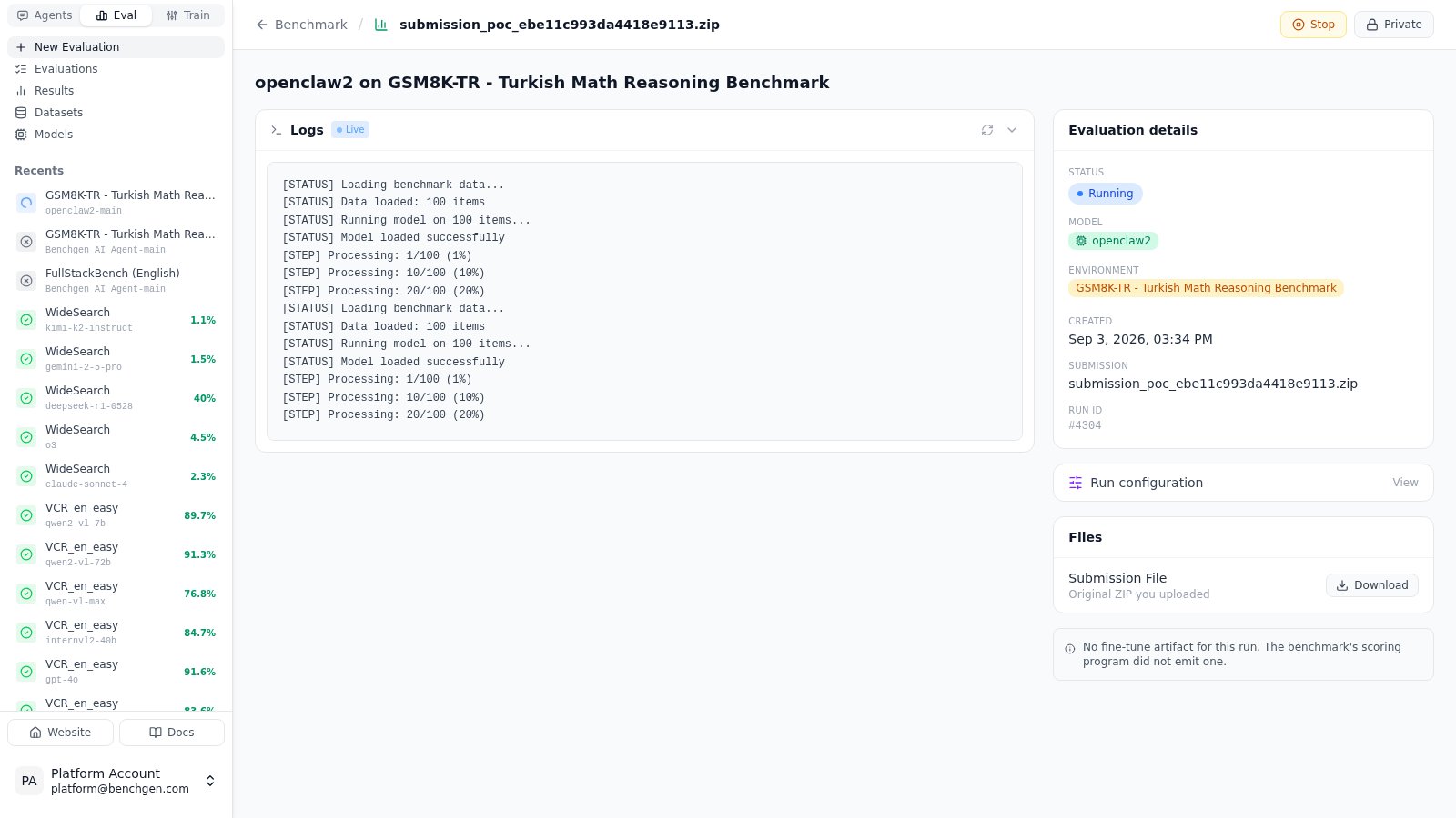 An agent benchmark run with live logs and the evaluation details panel