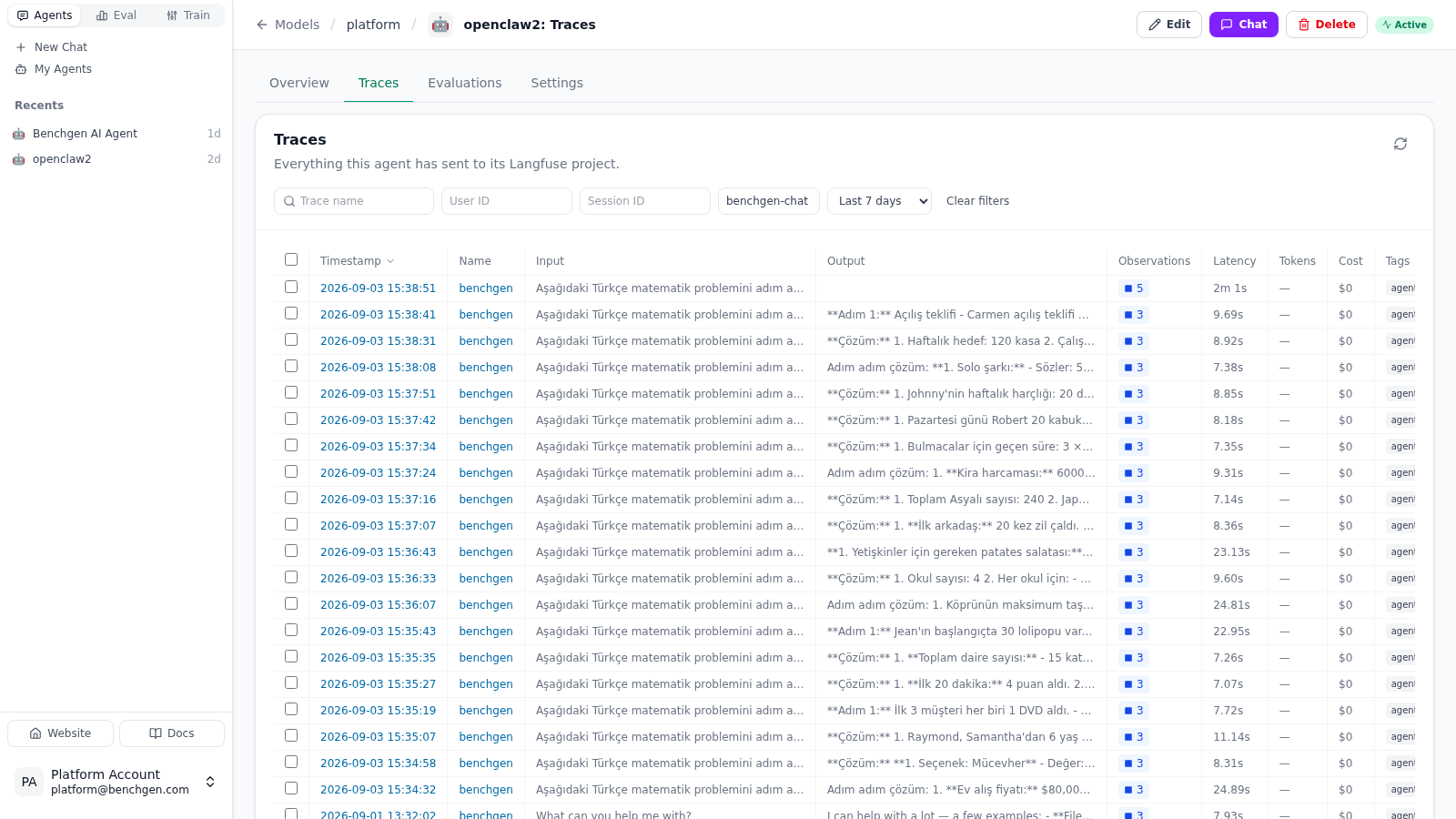 The Traces tab filtered by the benchgen-chat tag, one row per benchmark task