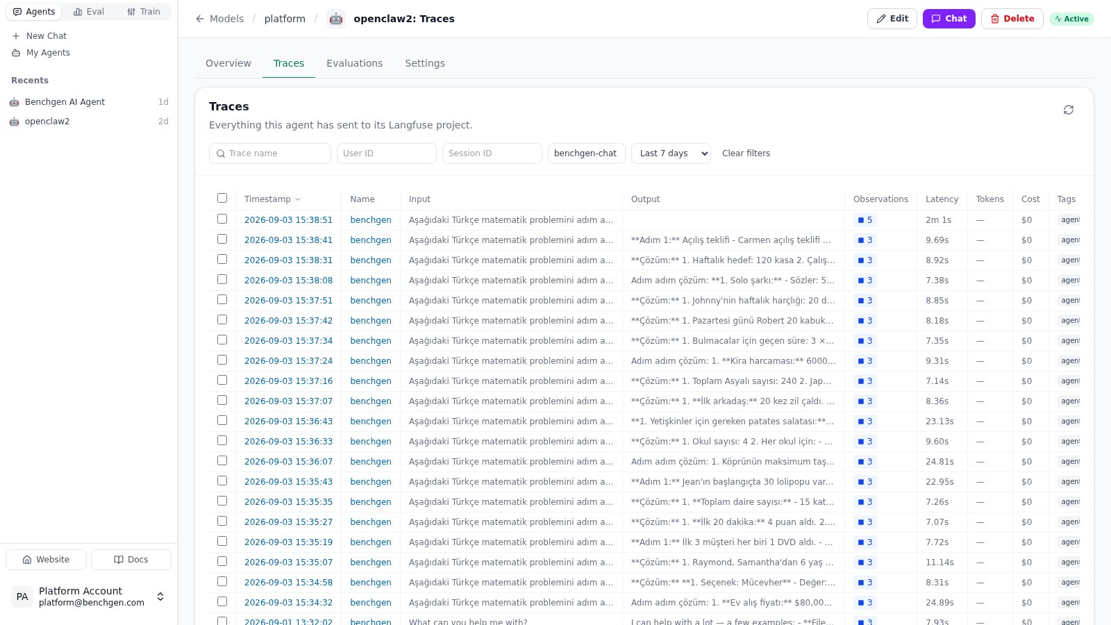 The Traces tab filtered by the benchgen-chat tag, one row per benchmark task
