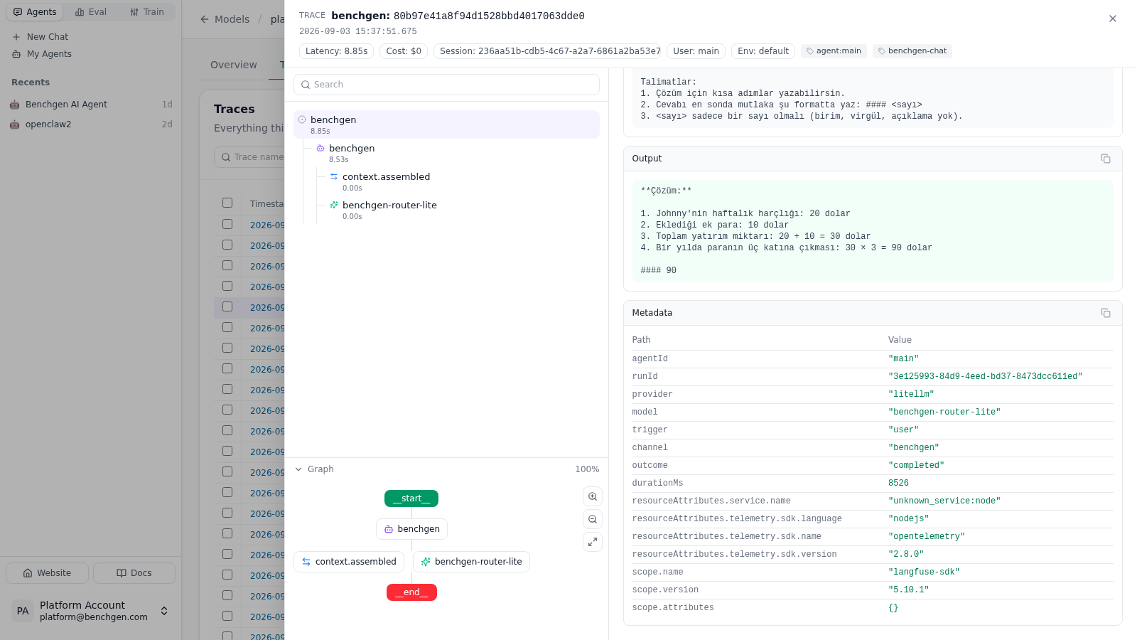 A benchmark turn opened beside the trace list, with the observation tree, graph, output and metadata