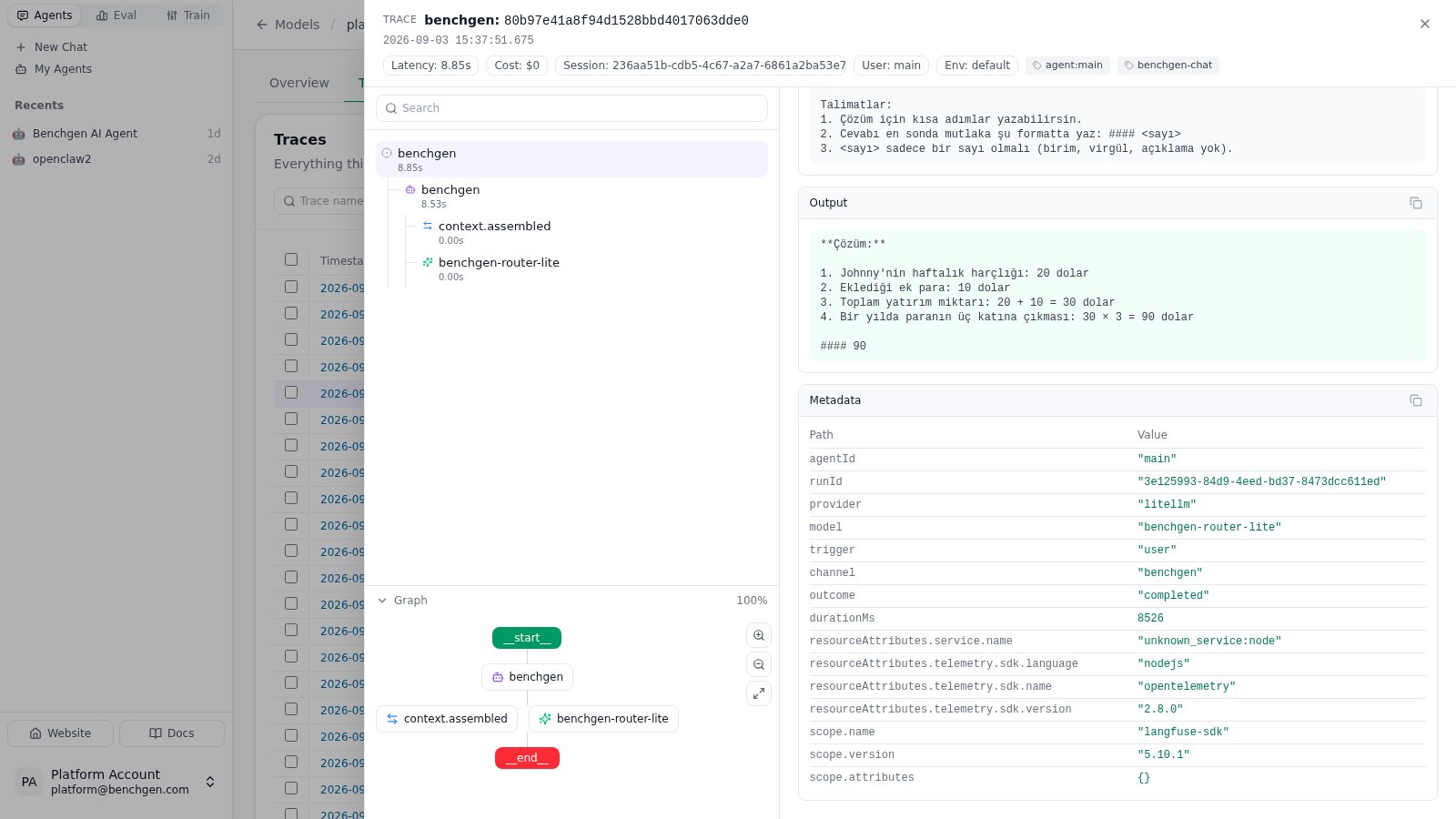 A benchmark turn opened beside the trace list, with the observation tree, graph, output and metadata