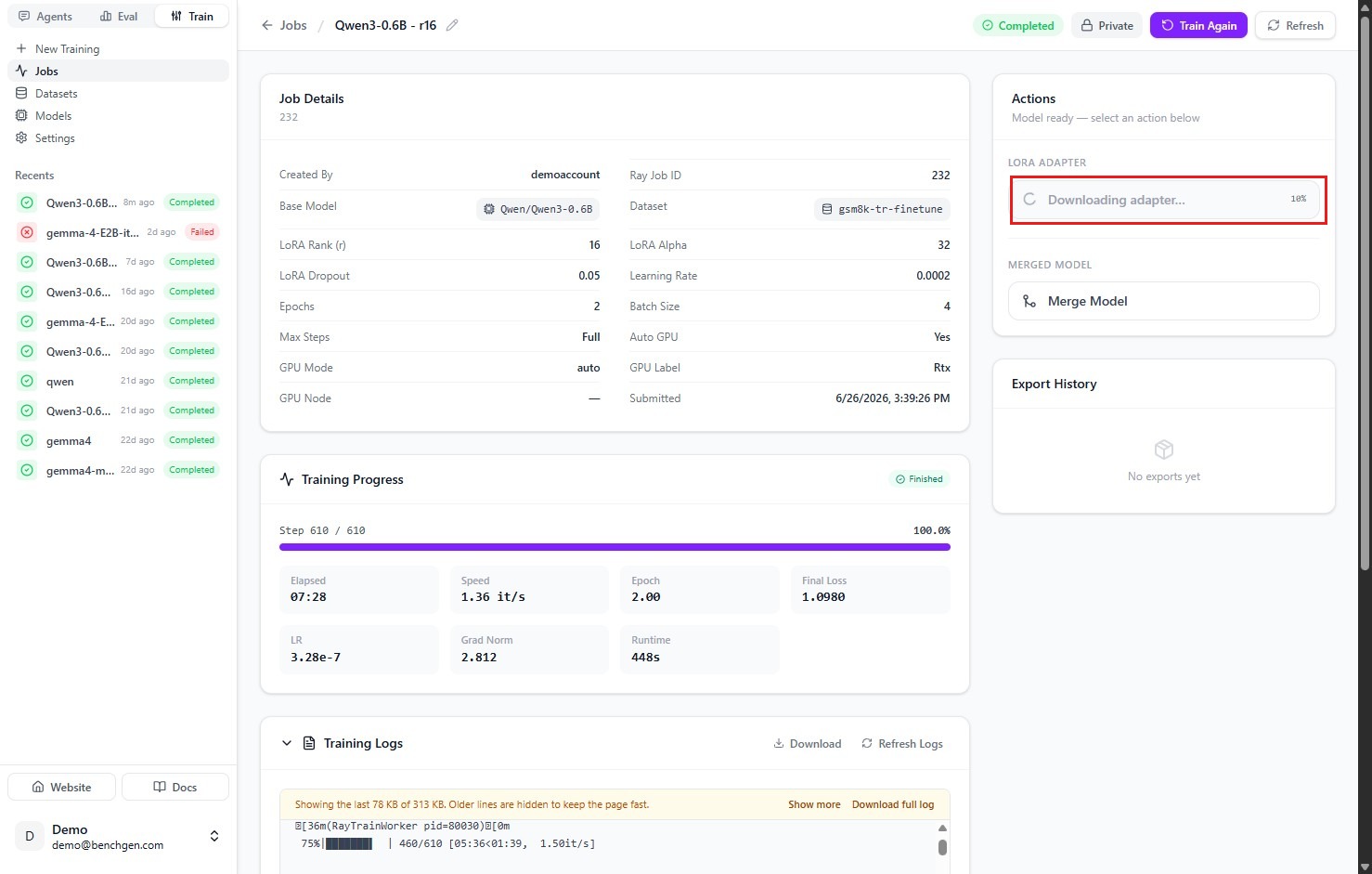 The Actions panel on a completed training job, with a Download Adapter (.zip) button under LoRA Adapter, a Merge Model button under Merged Model, and an empty Export History