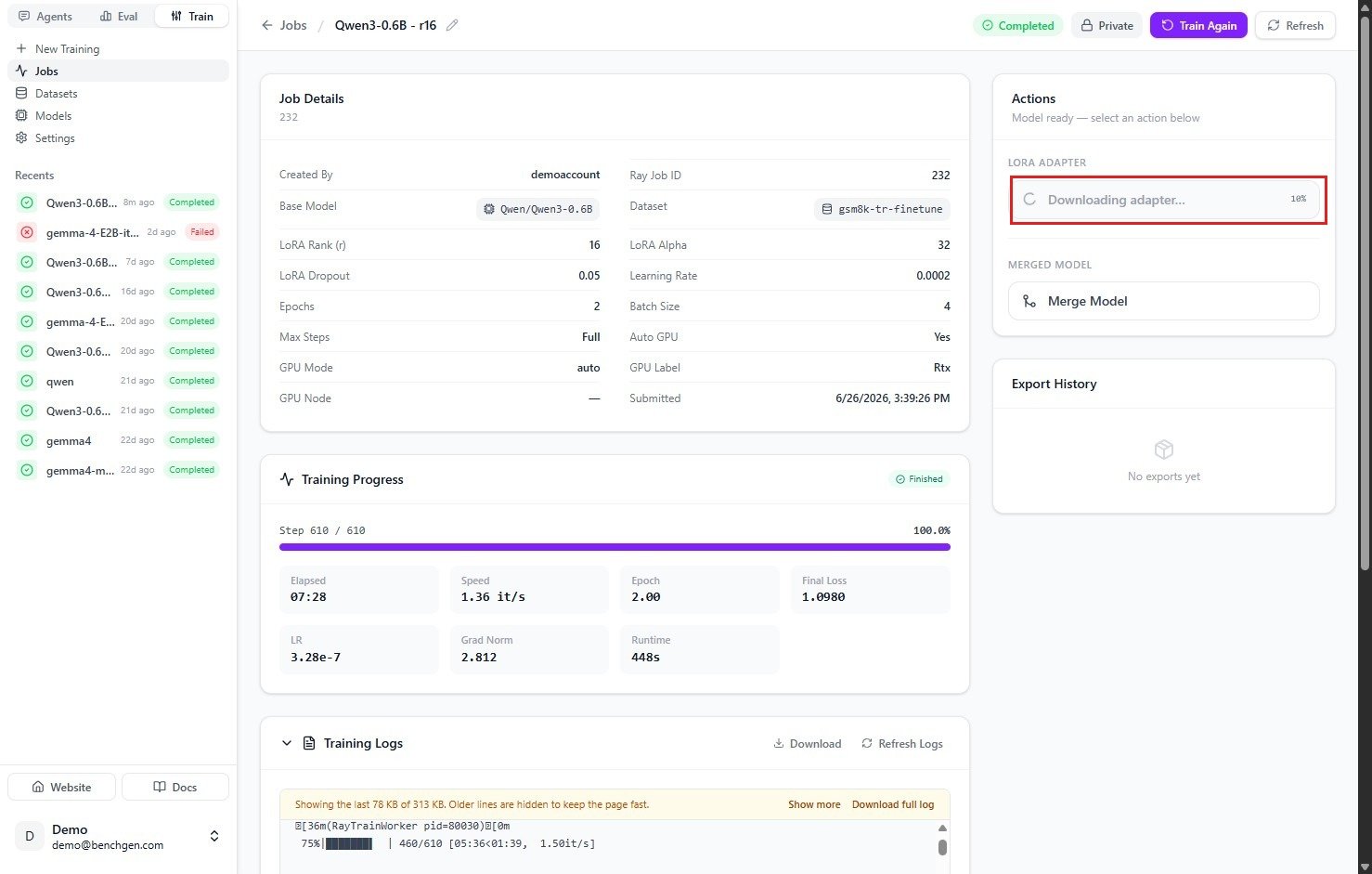 The Actions panel on a completed training job, with a Download Adapter (.zip) button under LoRA Adapter, a Merge Model button under Merged Model, and an empty Export History