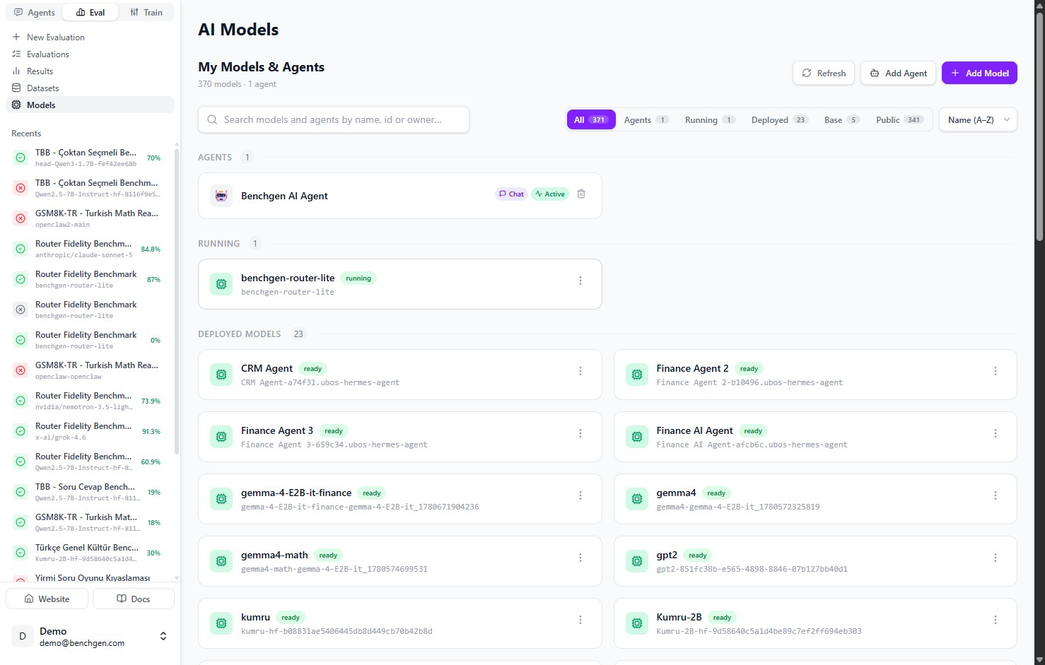 The AI Models page listing benchgen-router-lite under Running, and deployed models such as CRM Agent and Finance Agent below it