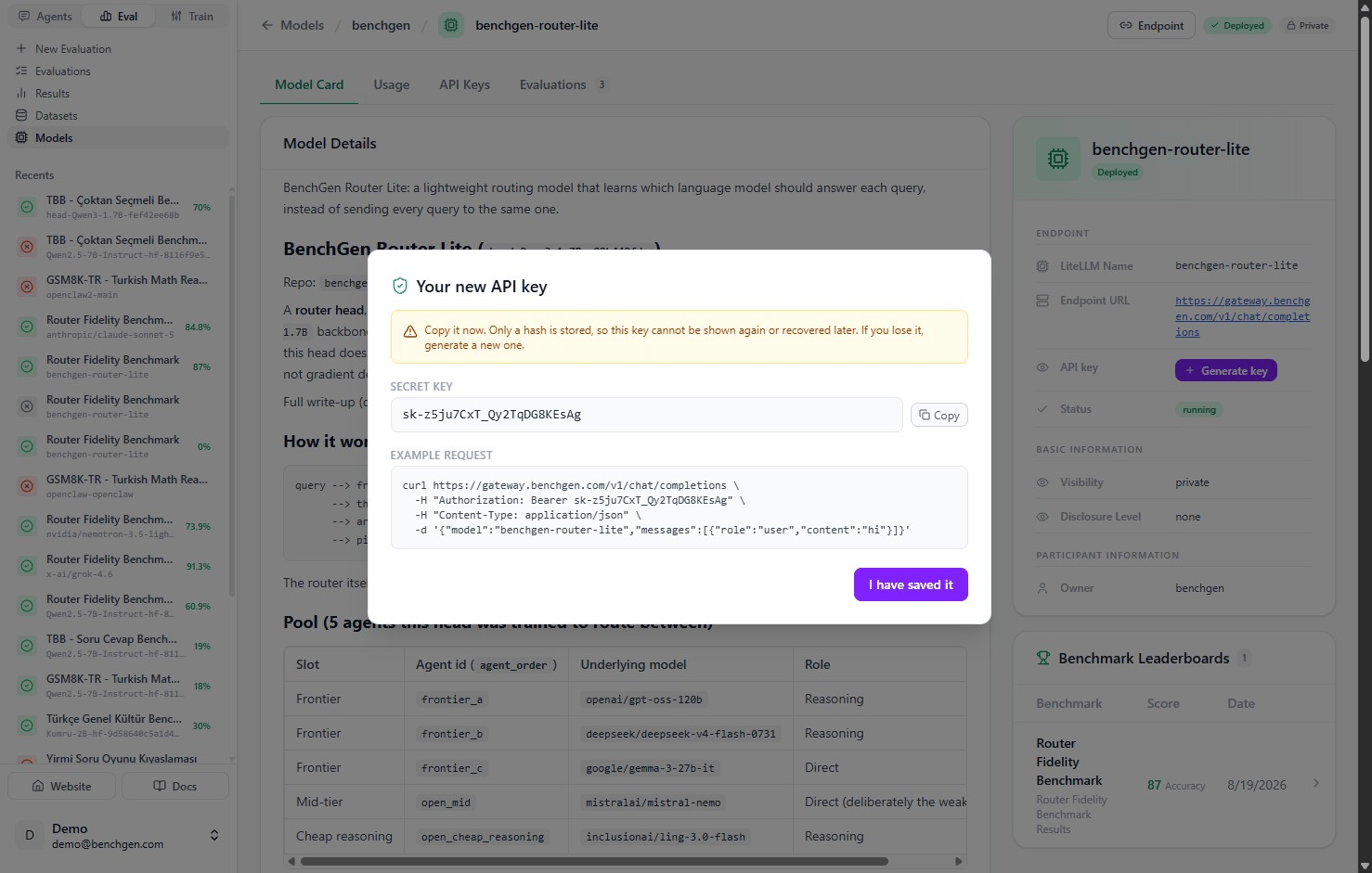 A dialog titled Your new API key, warning that only a hash is stored so the key cannot be recovered later, with the secret key, a Copy button, and an example curl request against the chat completions endpoint