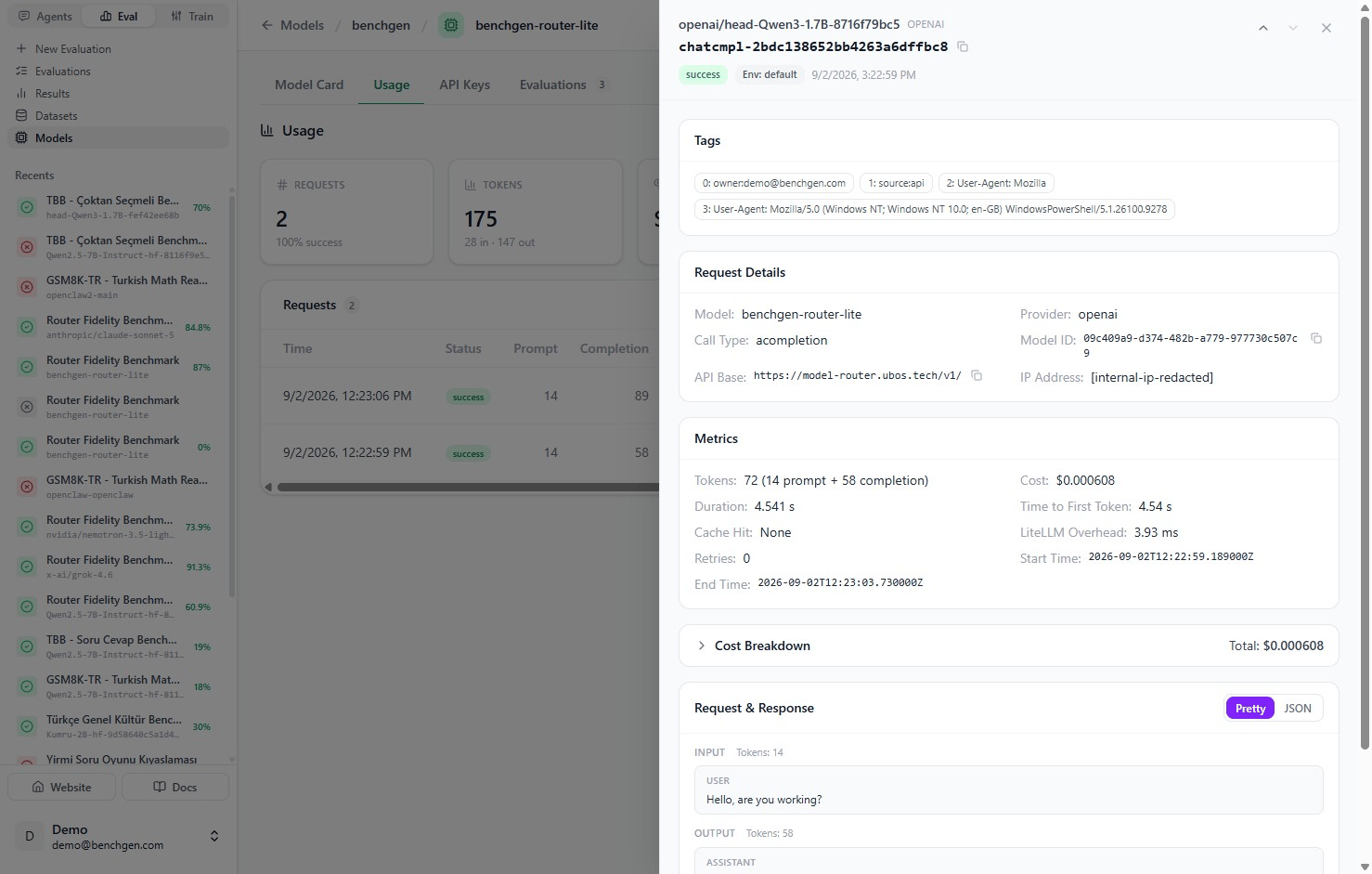 A request detail drawer showing owner and source tags, request details including model and provider, token and cost metrics, and the start of the request and response payload