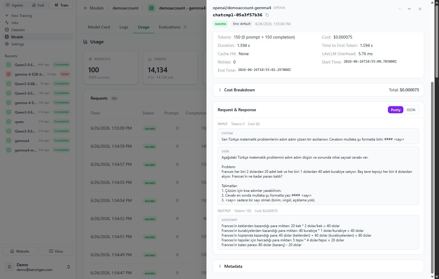 The request and response payloads for a single call