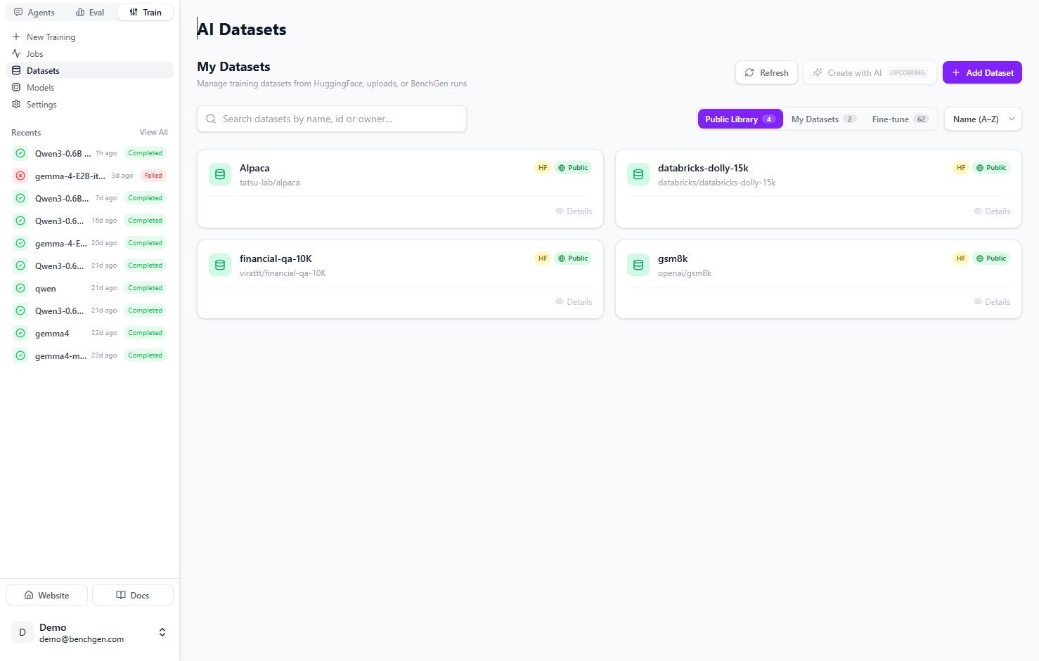 The AI Datasets page with the Add Dataset button