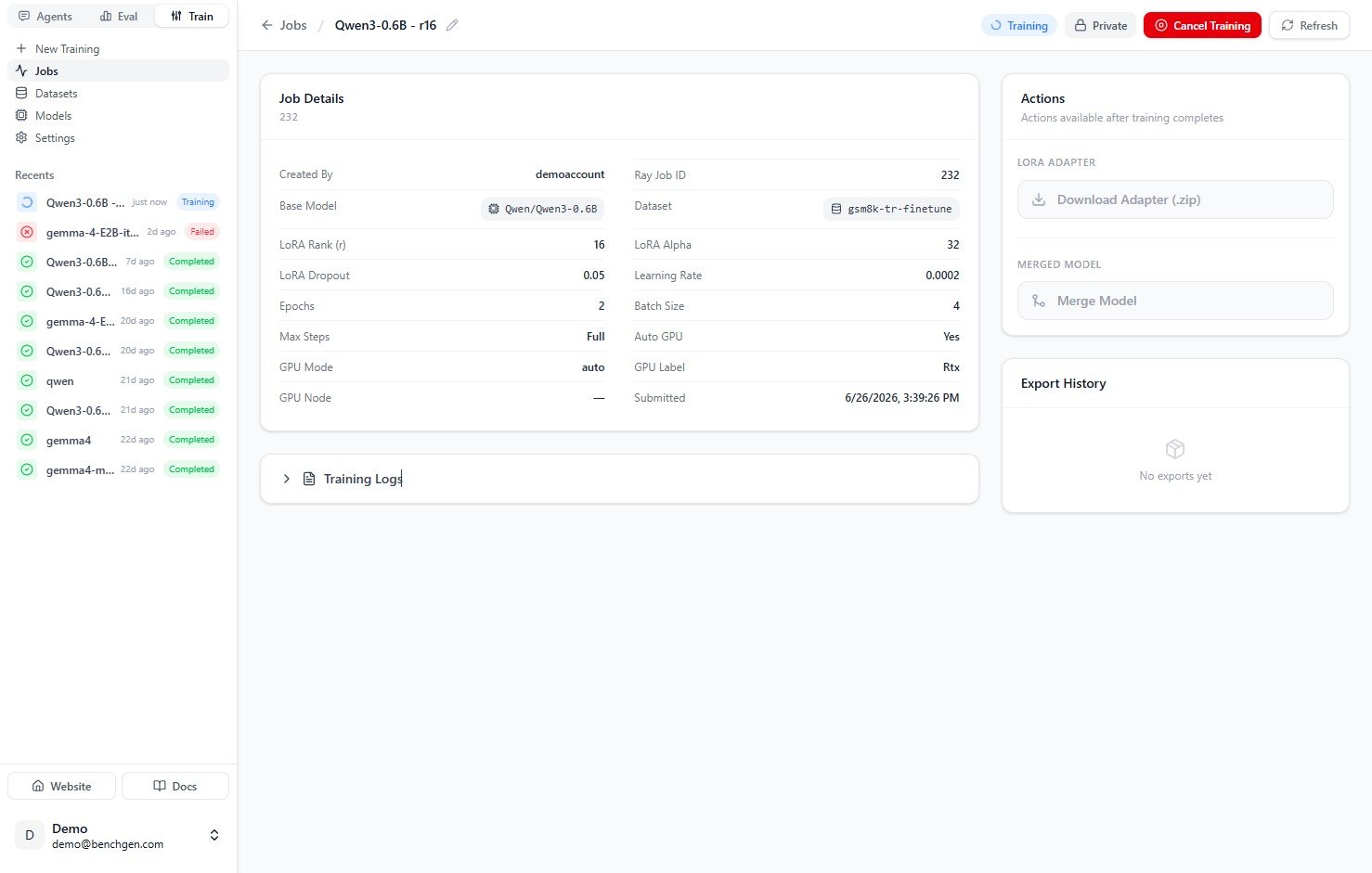 The job detail page just after training starts